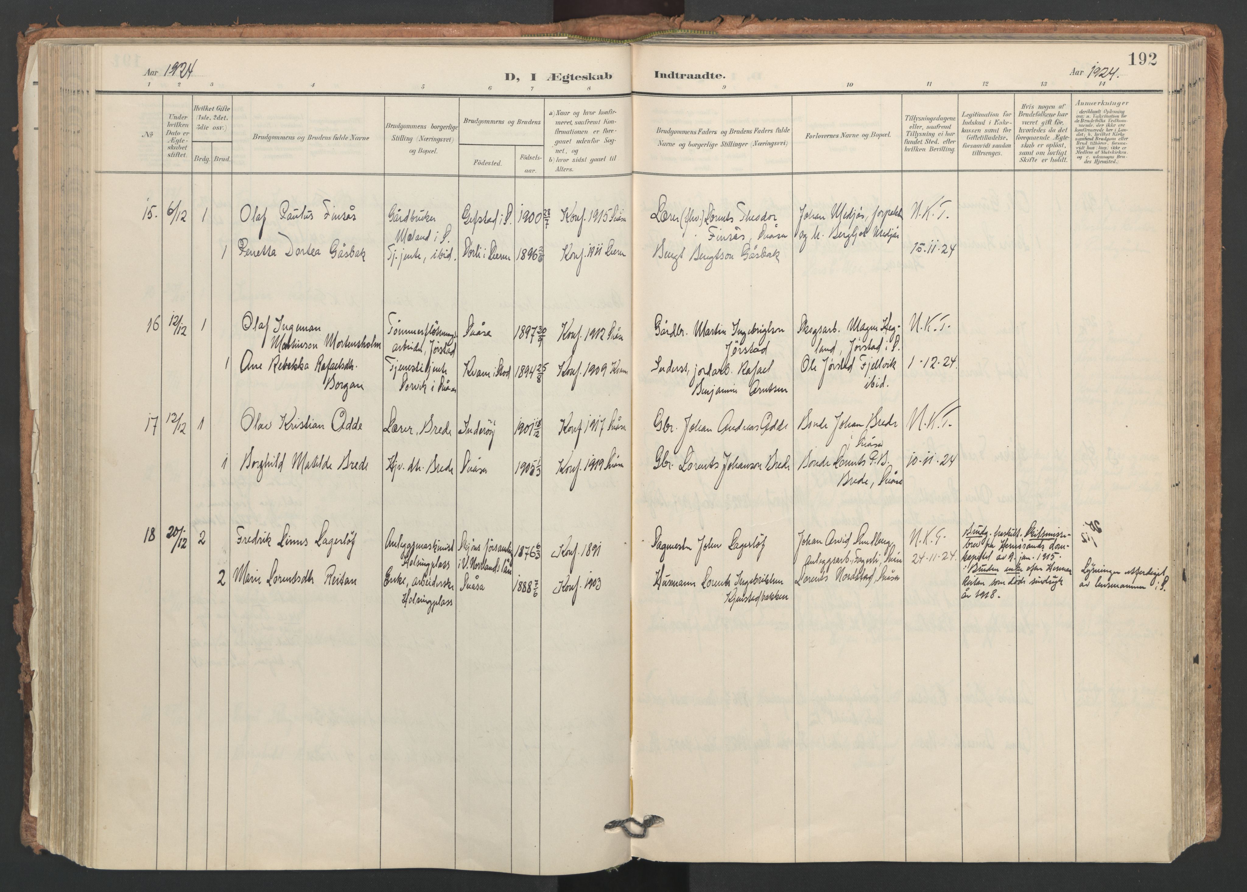 Ministerialprotokoller, klokkerbøker og fødselsregistre - Nord-Trøndelag, SAT/A-1458/749/L0477: Parish register (official) no. 749A11, 1902-1927, p. 192