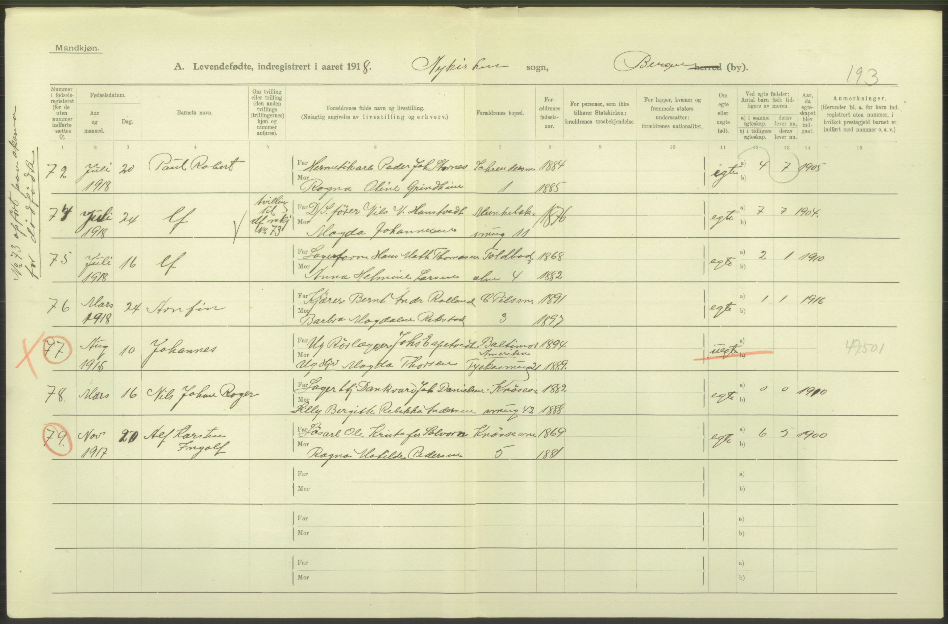 Statistisk sentralbyrå, Sosiodemografiske emner, Befolkning, AV/RA-S-2228/D/Df/Dfb/Dfbh/L0037: Bergen: Levendefødte menn og kvinner., 1918, p. 400