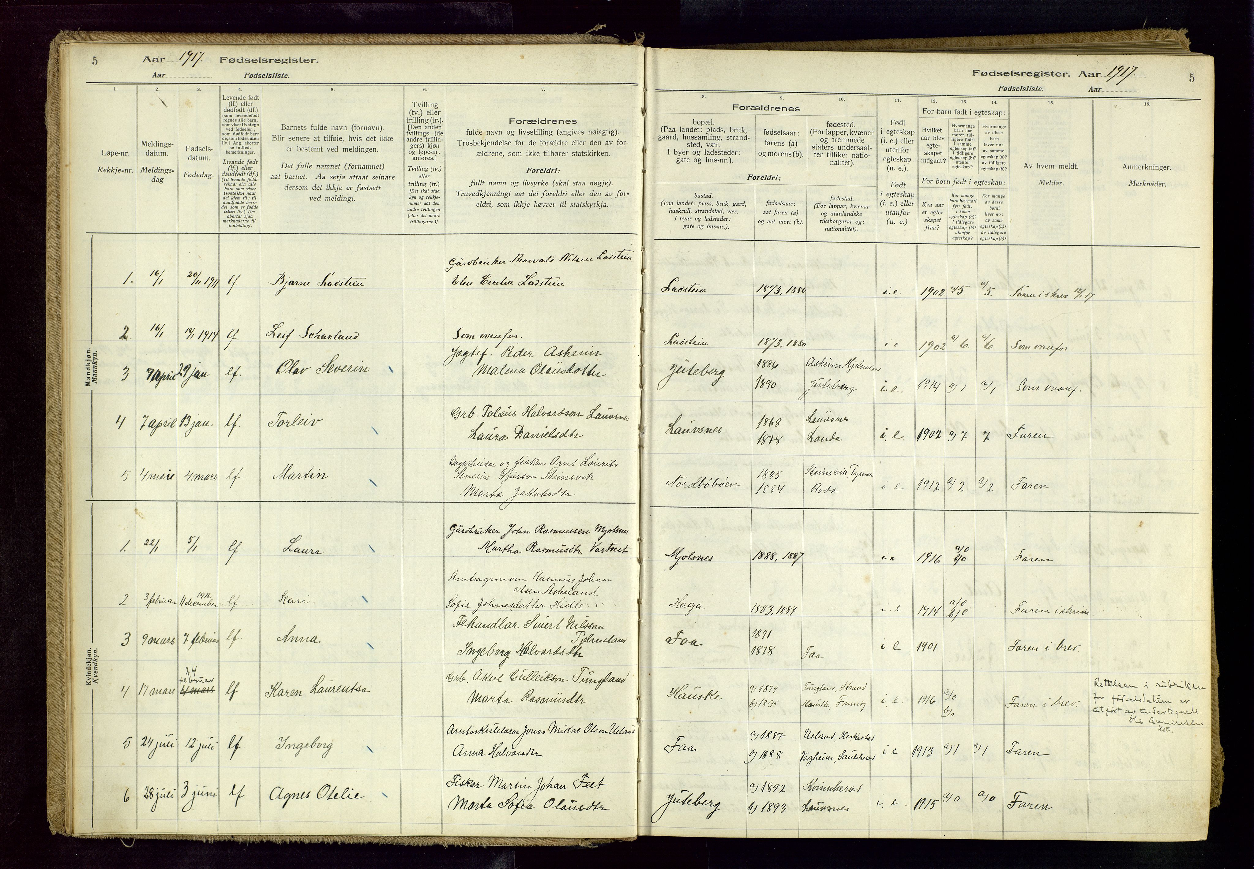 Finnøy sokneprestkontor, SAST/A-101825/I/Id/L0001: Birth register no. 1, 1916-1977, p. 5