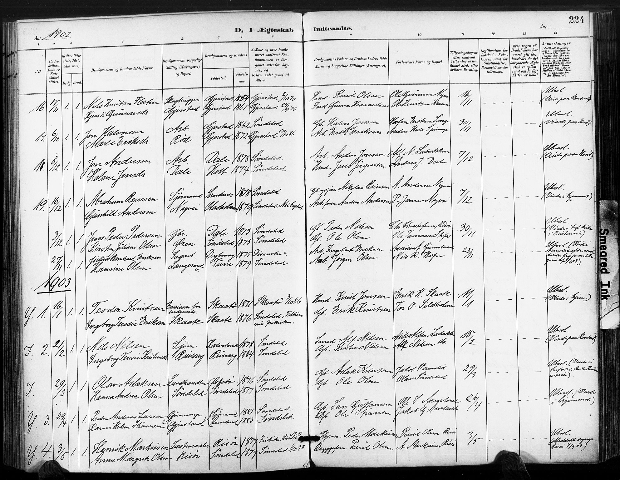 Søndeled sokneprestkontor, AV/SAK-1111-0038/F/Fa/L0006: Parish register (official) no. A 6, 1900-1922, p. 224