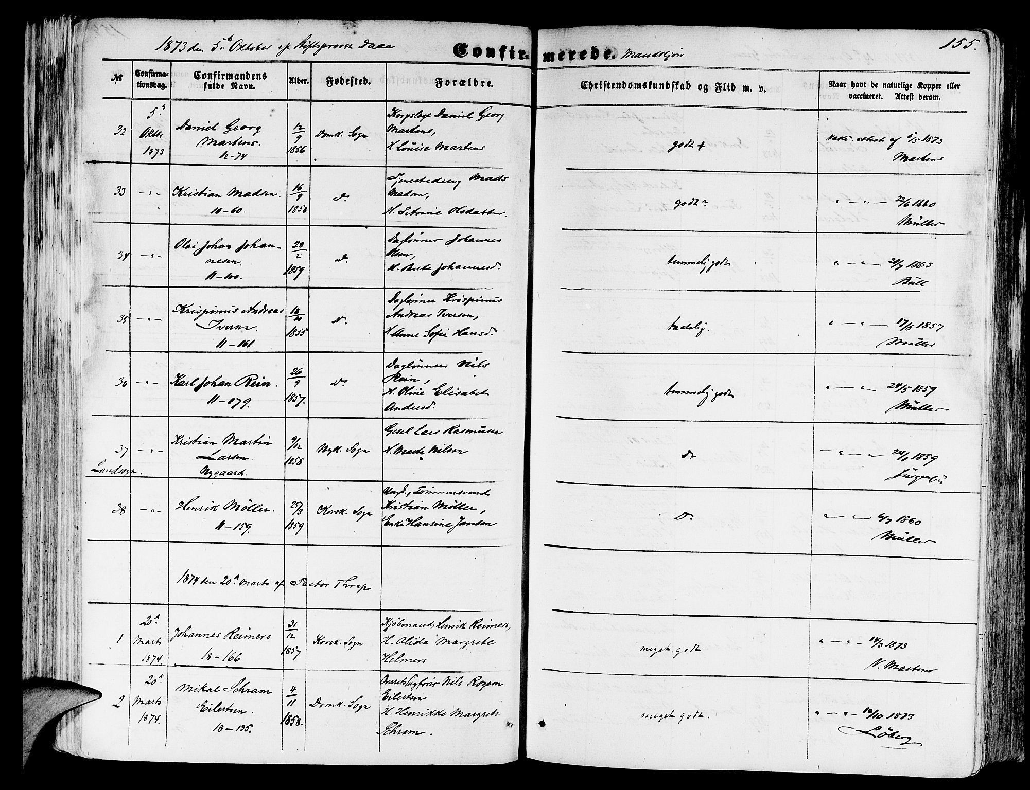 Domkirken sokneprestembete, SAB/A-74801/H/Hab/L0023: Parish register (copy) no. C 3, 1854-1880, p. 155