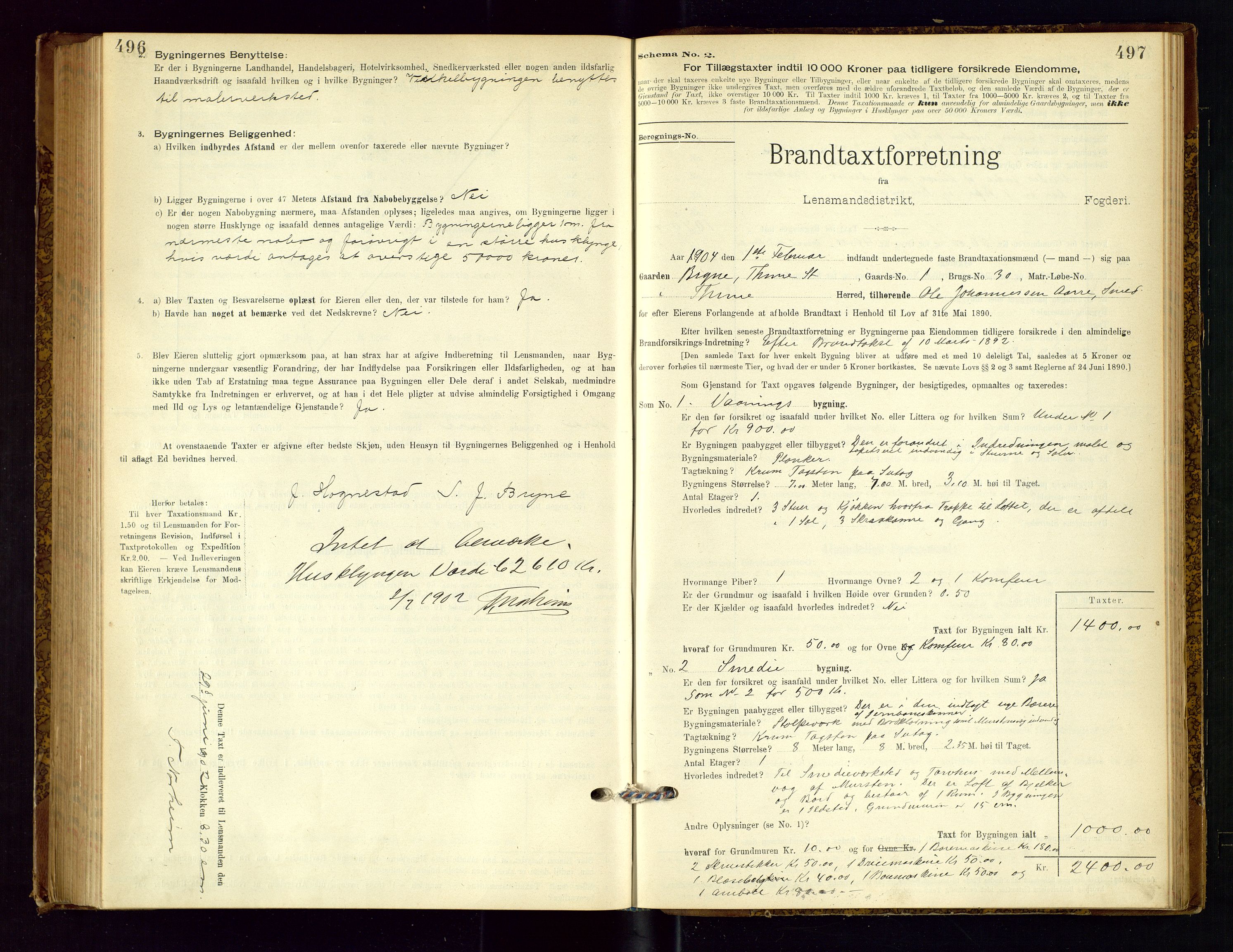Time lensmannskontor, SAST/A-100420/Gob/L0001: Branntakstprotokoll, 1896-1914, p. 496-497