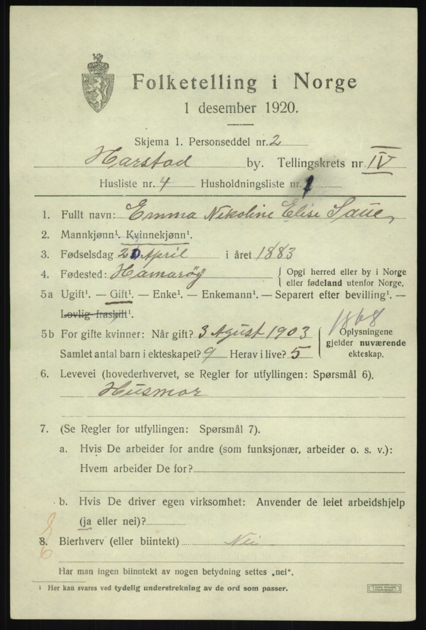 SATØ, 1920 census for Harstad, 1920, p. 5200