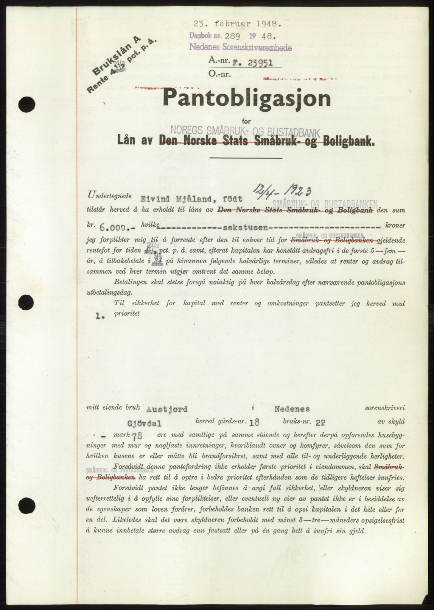 Nedenes sorenskriveri, AV/SAK-1221-0006/G/Gb/Gbb/L0005: Mortgage book no. B5, 1948-1948, Diary no: : 289/1948