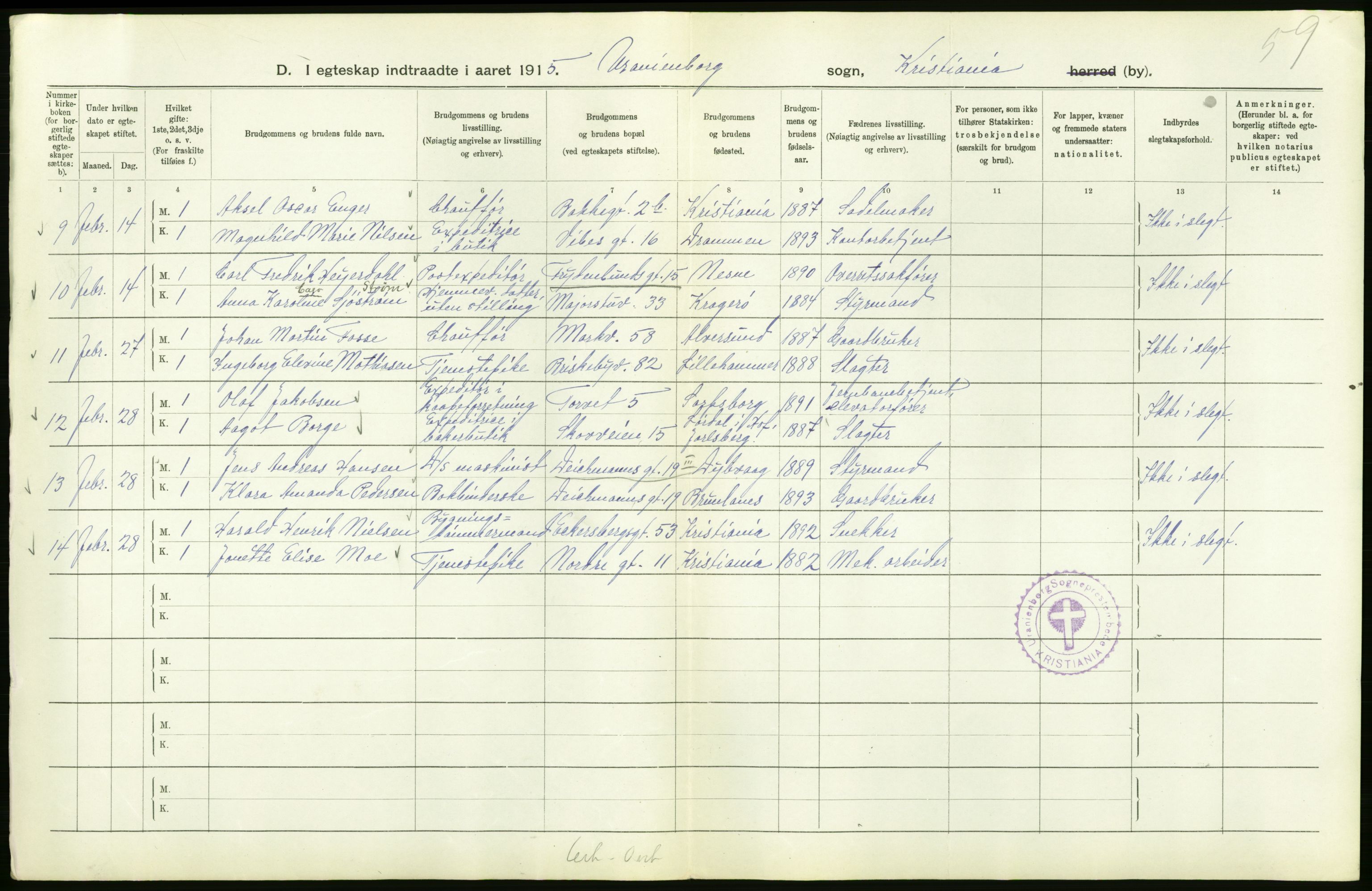 Statistisk sentralbyrå, Sosiodemografiske emner, Befolkning, RA/S-2228/D/Df/Dfb/Dfbe/L0008: Kristiania: Gifte., 1915, p. 244