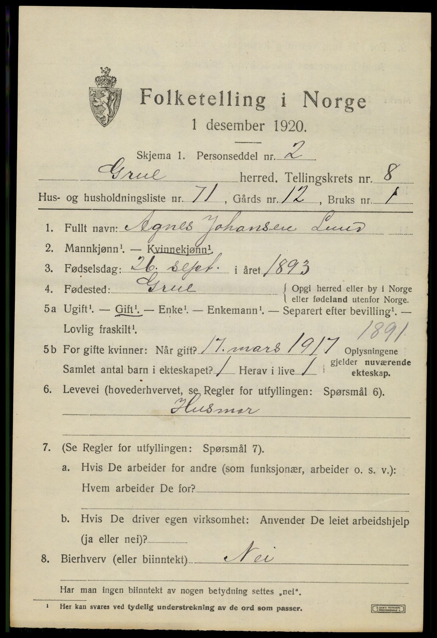 SAH, 1920 census for Grue, 1920, p. 7725