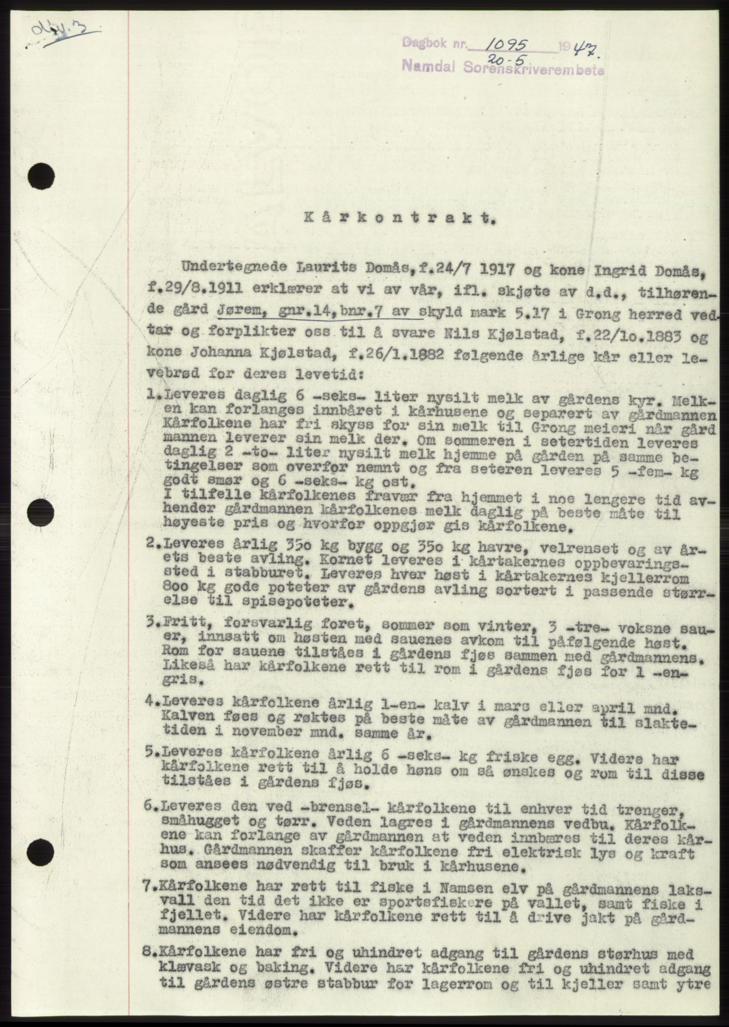 Namdal sorenskriveri, AV/SAT-A-4133/1/2/2C: Mortgage book no. -, 1947-1947, Diary no: : 1095/1947