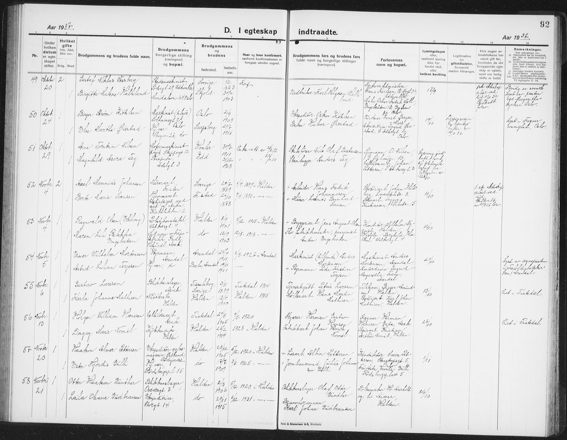 Halden prestekontor Kirkebøker, SAO/A-10909/G/Ga/L0014: Parish register (copy) no. 14, 1925-1943, p. 92