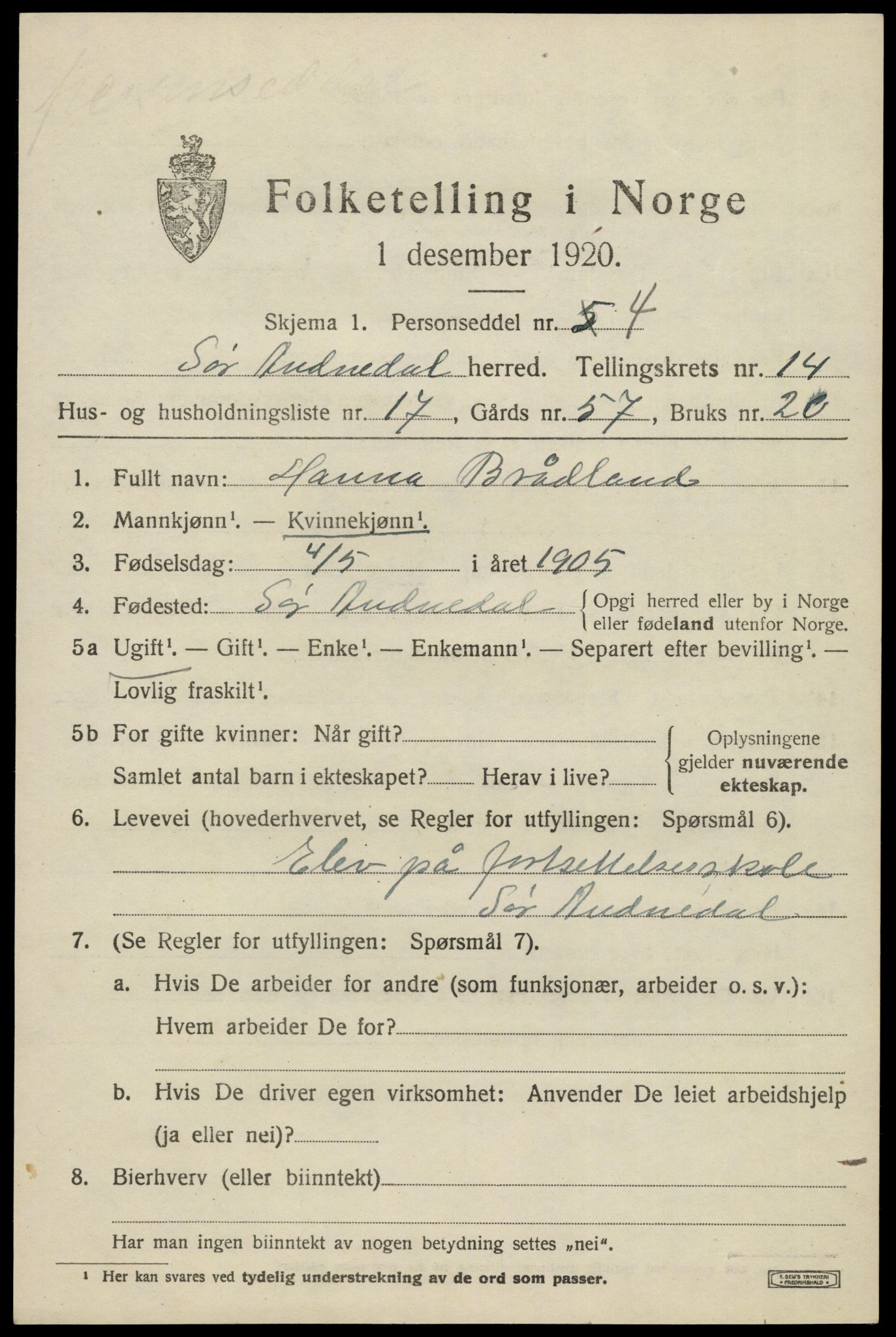 SAK, 1920 census for Sør-Audnedal, 1920, p. 5321