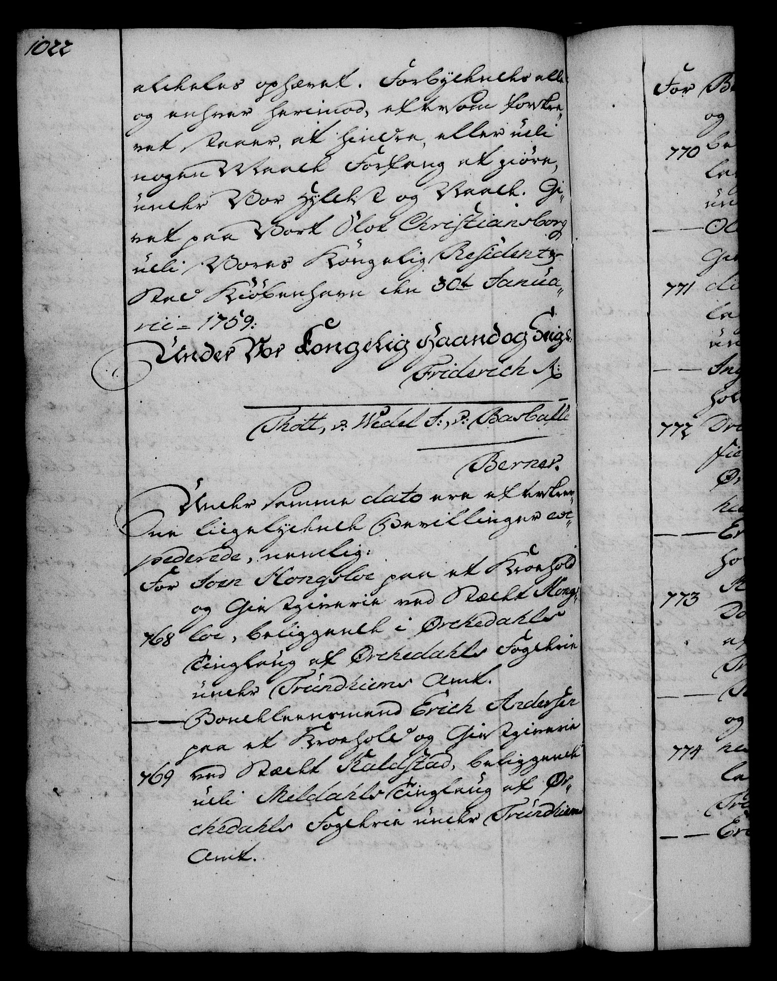 Rentekammeret, Kammerkanselliet, AV/RA-EA-3111/G/Gg/Gga/L0006: Norsk ekspedisjonsprotokoll med register (merket RK 53.6), 1749-1759, p. 1022