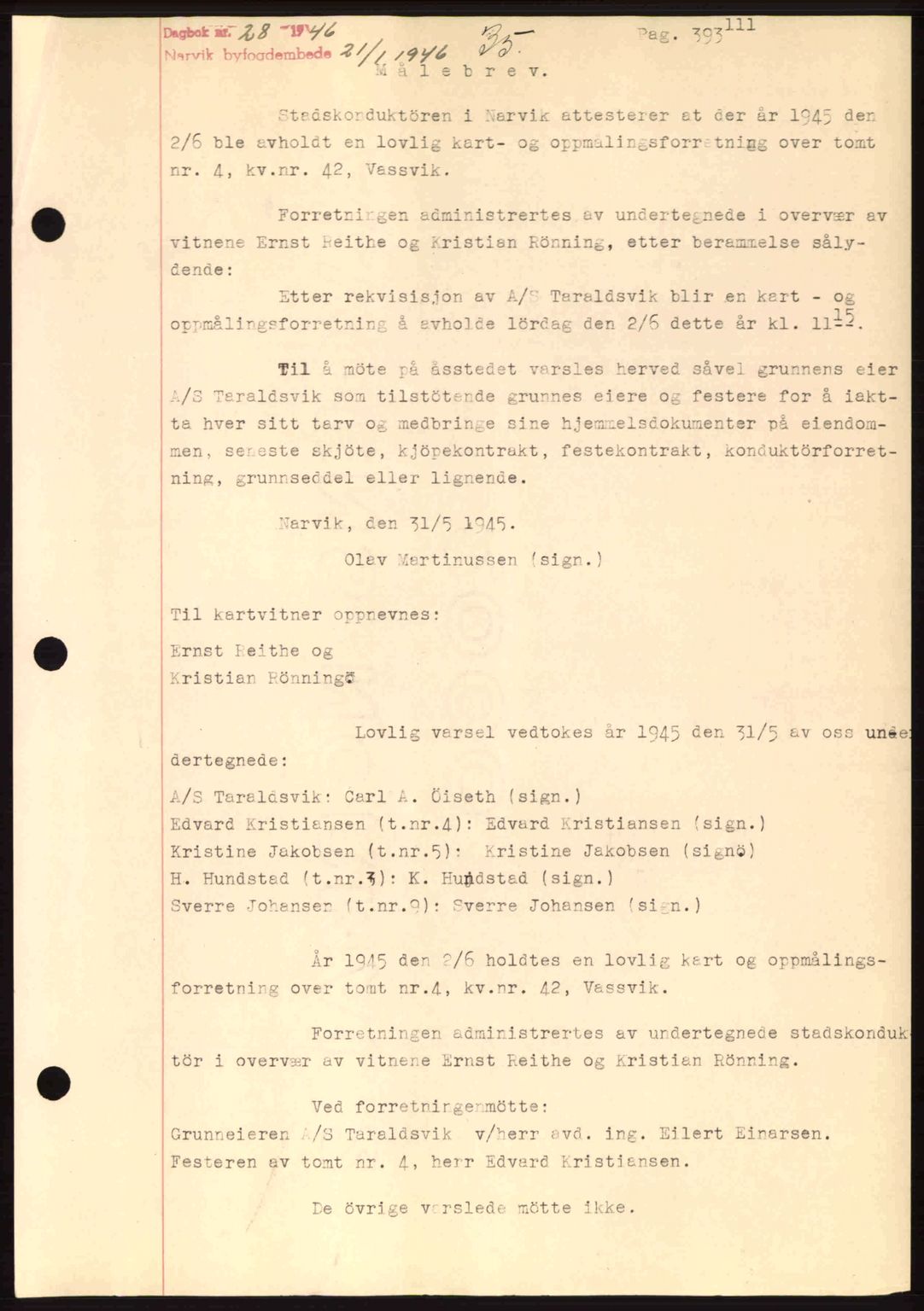 Narvik sorenskriveri, SAT/A-0002/1/2/2C/2Ca: Mortgage book no. A21, 1946-1947, Diary no: : 28/1946
