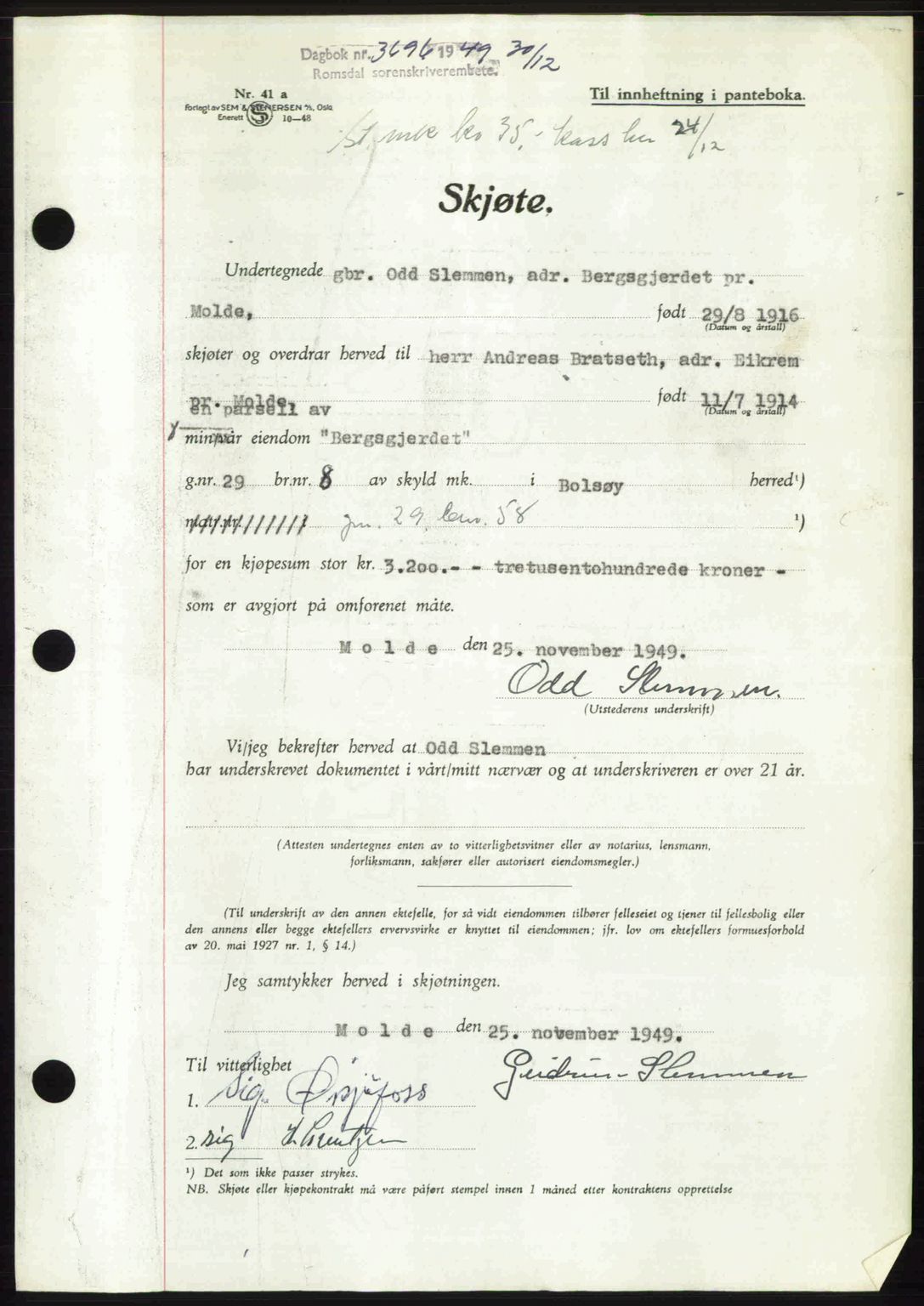 Romsdal sorenskriveri, AV/SAT-A-4149/1/2/2C: Mortgage book no. A31, 1949-1949, Diary no: : 3696/1949