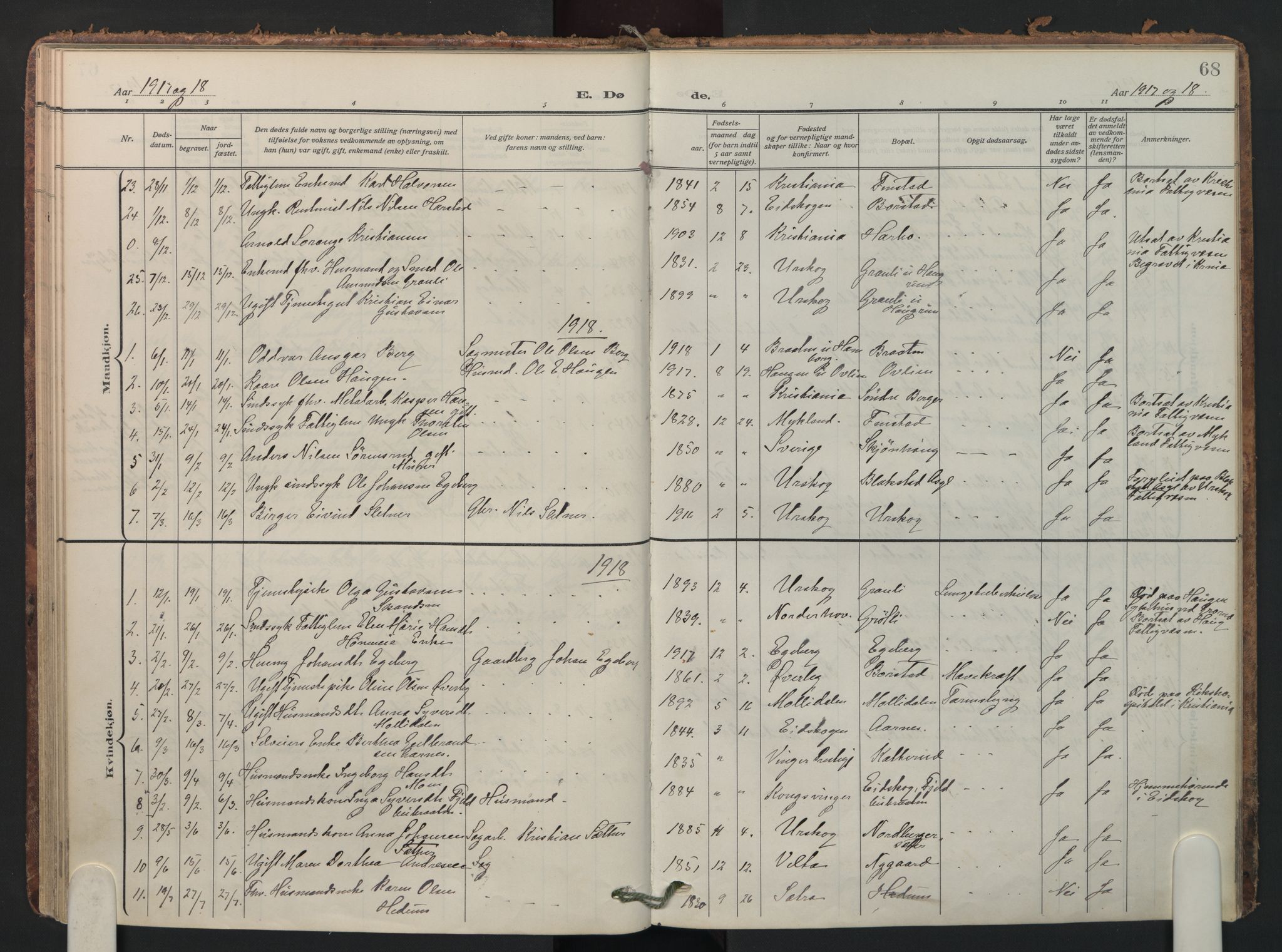 Aurskog prestekontor Kirkebøker, SAO/A-10304a/F/Fa/L0016: Parish register (official) no. I 16, 1910-1934, p. 68
