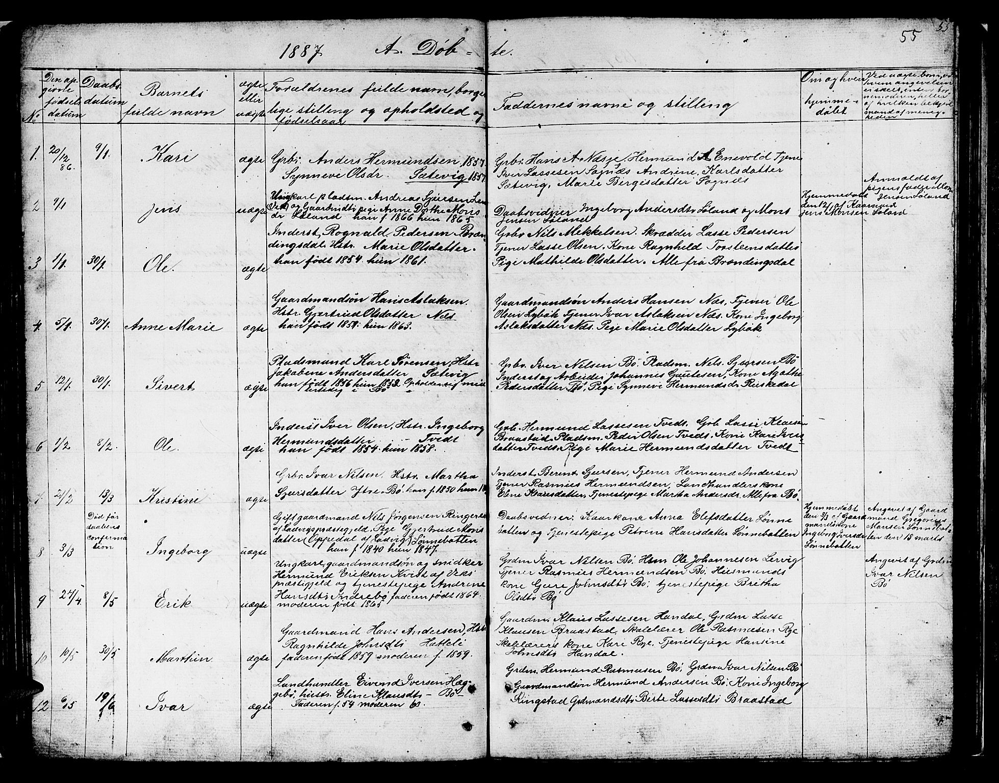 Hyllestad sokneprestembete, SAB/A-80401: Parish register (copy) no. B 1, 1854-1889, p. 55