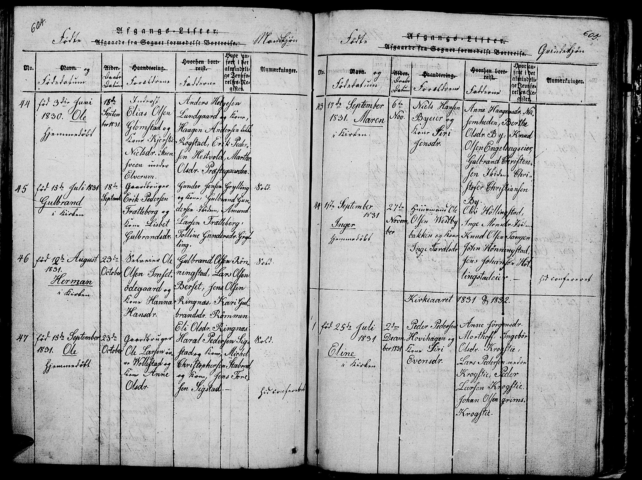 Løten prestekontor, AV/SAH-PREST-022/L/La/L0001: Parish register (copy) no. 1, 1812-1832, p. 604-605