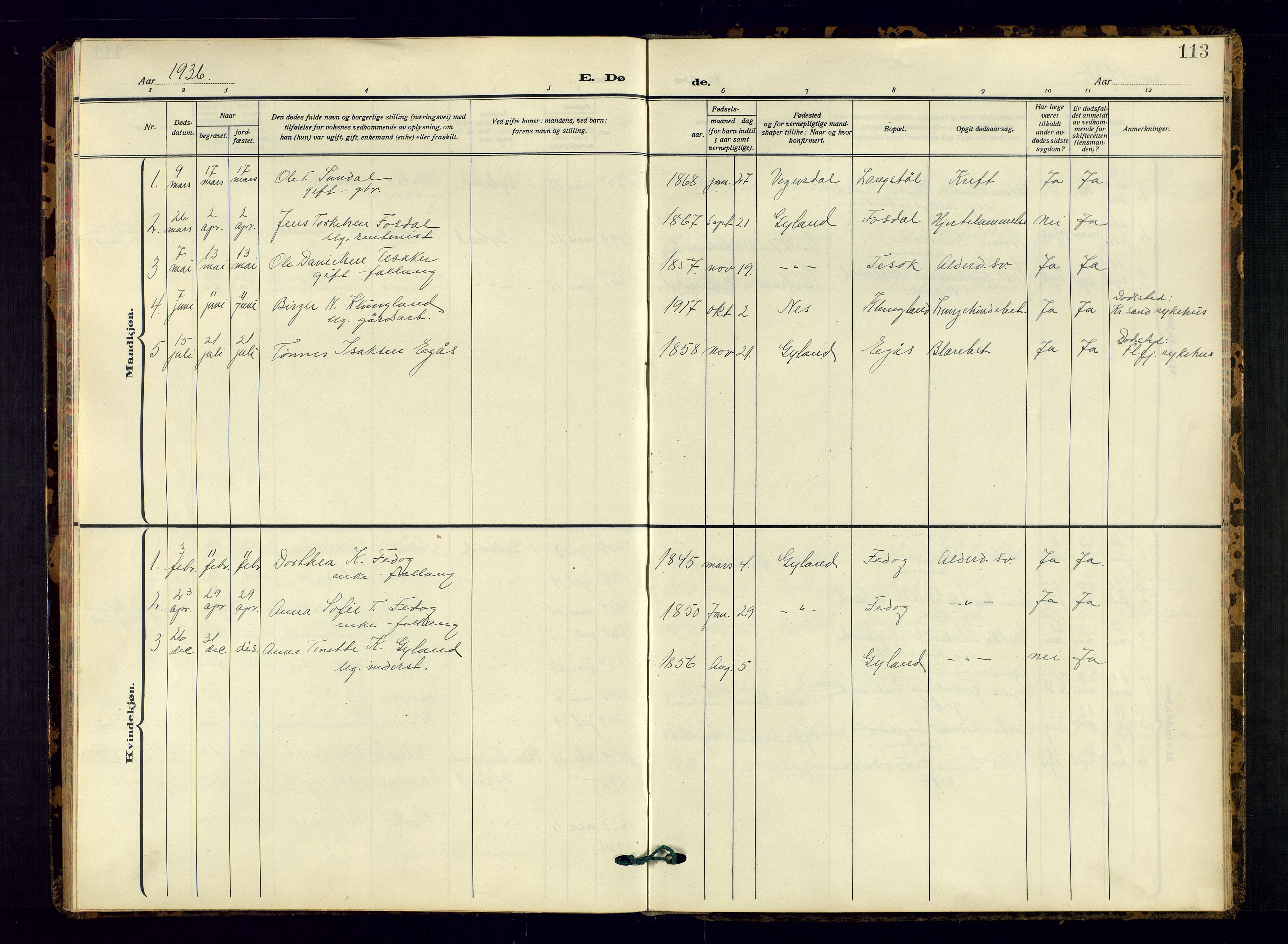 Bakke sokneprestkontor, SAK/1111-0002/F/Fb/Fbb/L0005: Parish register (copy) no. B 5, 1927-1947, p. 113