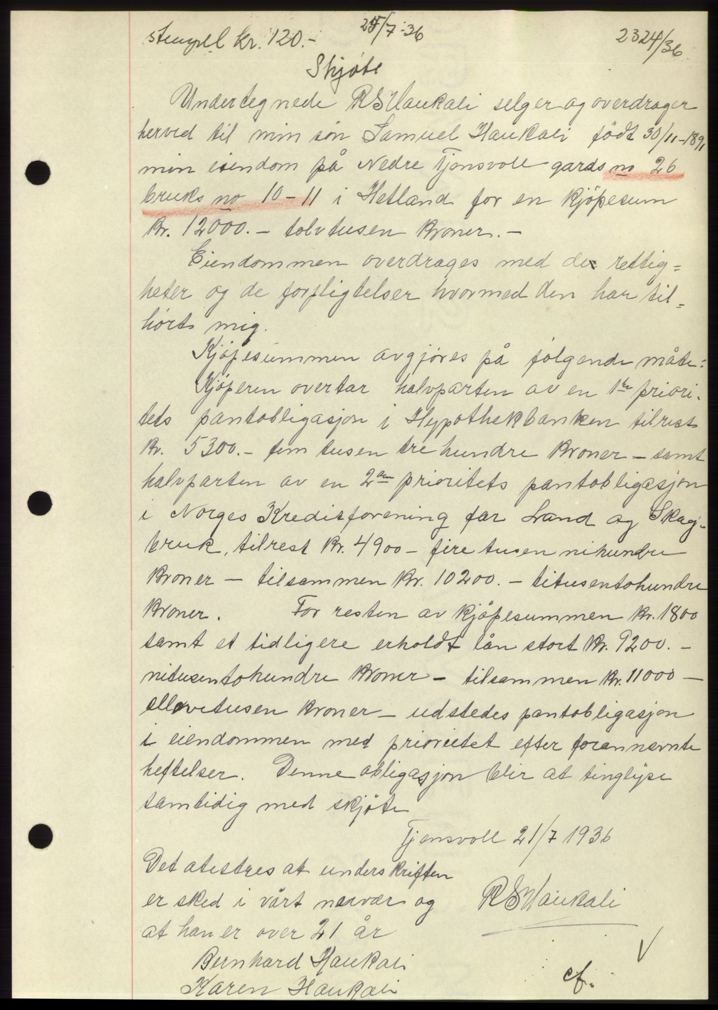 Jæren sorenskriveri, AV/SAST-A-100310/03/G/Gba/L0066: Mortgage book no. 71-72, 1936-1936, Diary no: : 2324/1936