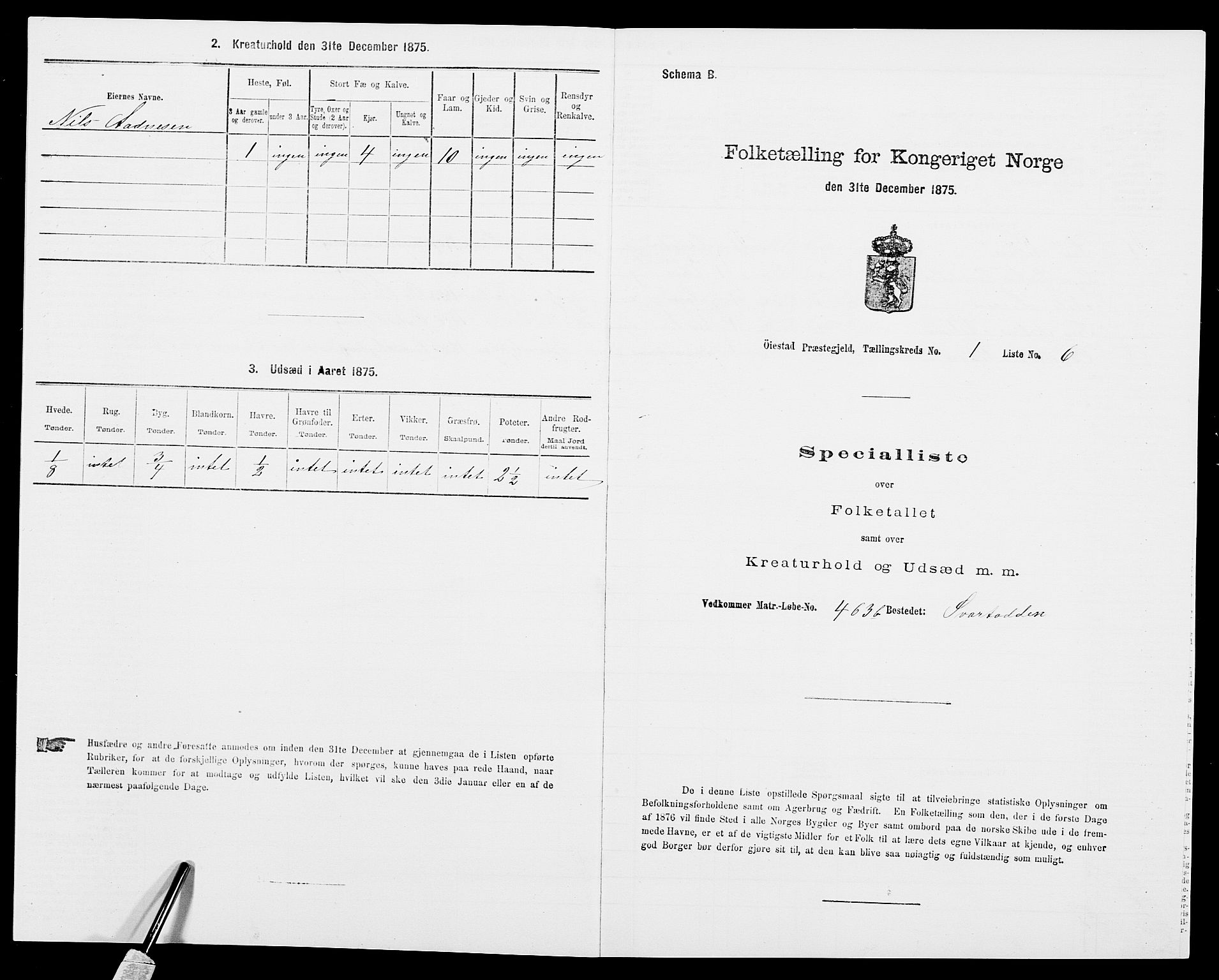 SAK, 1875 census for 0920P Øyestad, 1875, p. 68