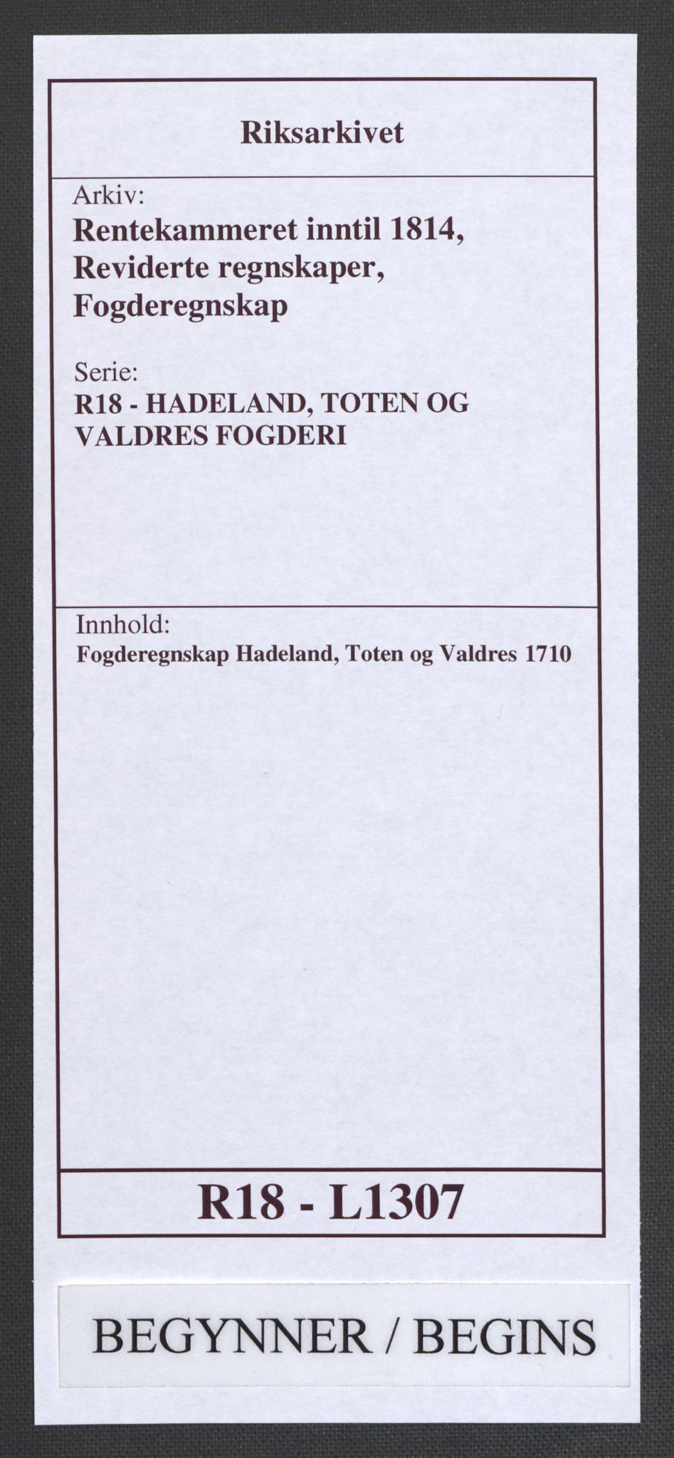 Rentekammeret inntil 1814, Reviderte regnskaper, Fogderegnskap, AV/RA-EA-4092/R18/L1307: Fogderegnskap Hadeland, Toten og Valdres, 1710, p. 1