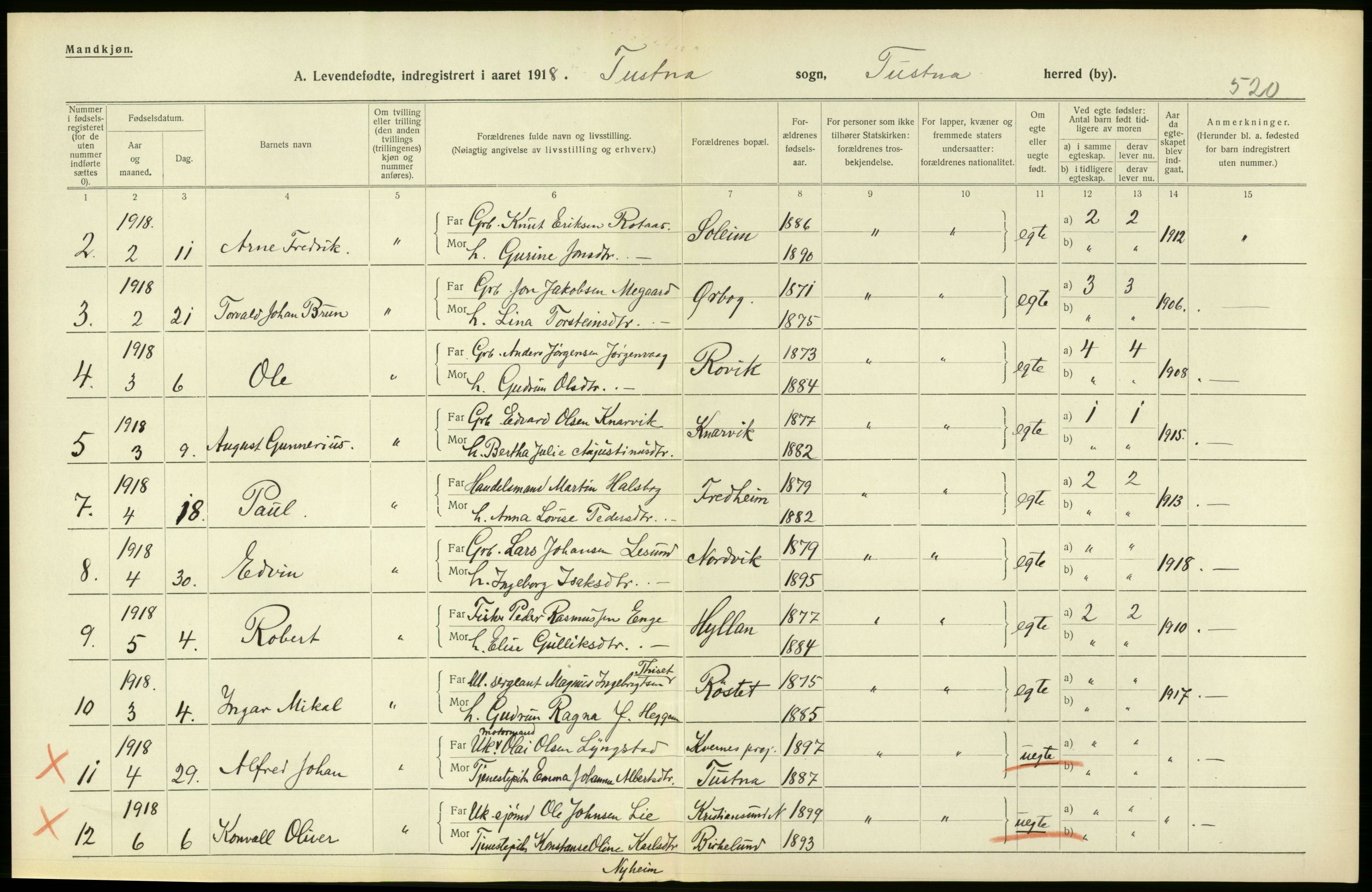 Statistisk sentralbyrå, Sosiodemografiske emner, Befolkning, RA/S-2228/D/Df/Dfb/Dfbh/L0043: Møre fylke: Levendefødte menn og kvinner. Bygder., 1918, p. 556