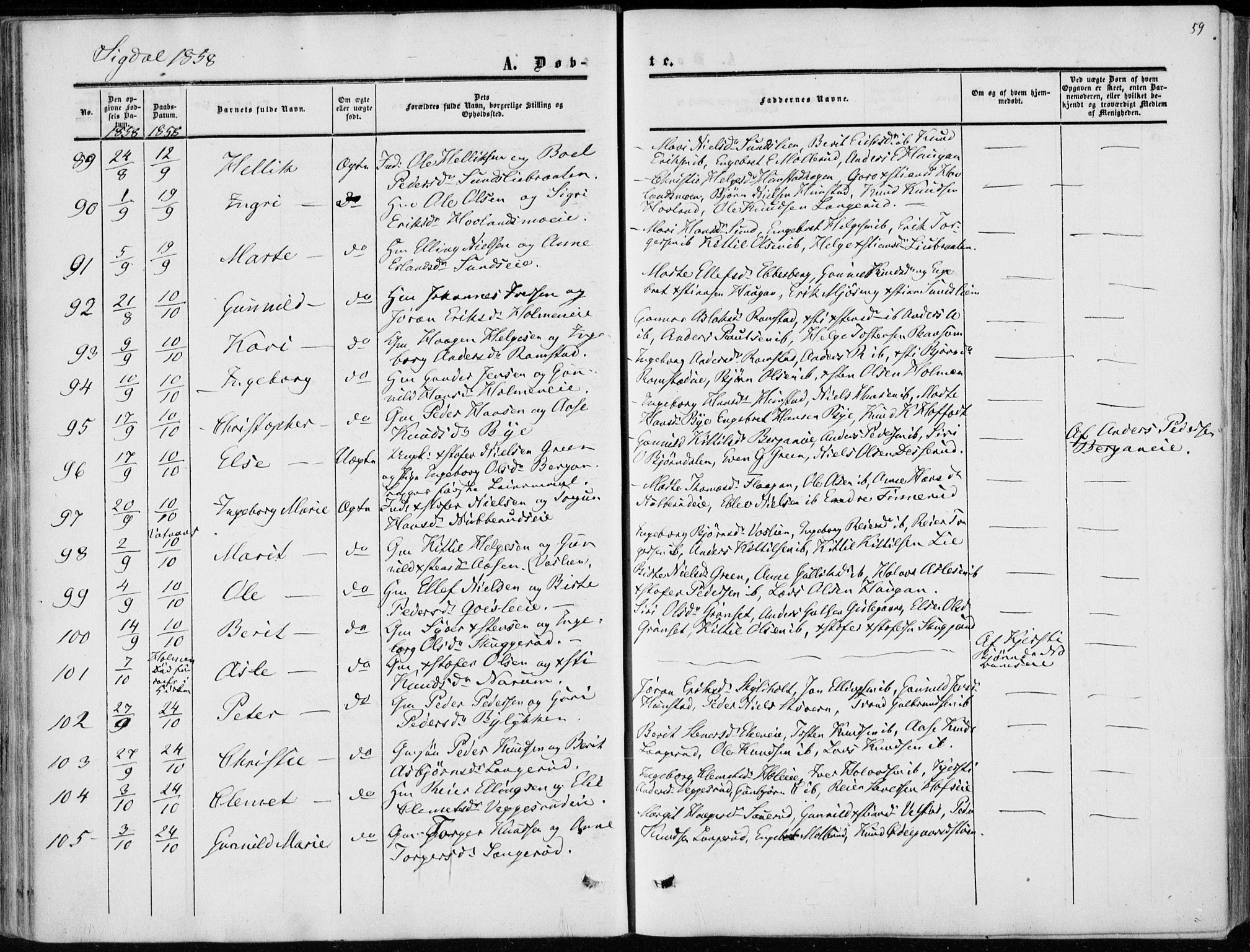 Sigdal kirkebøker, AV/SAKO-A-245/F/Fa/L0008: Parish register (official) no. I 8, 1850-1859, p. 59