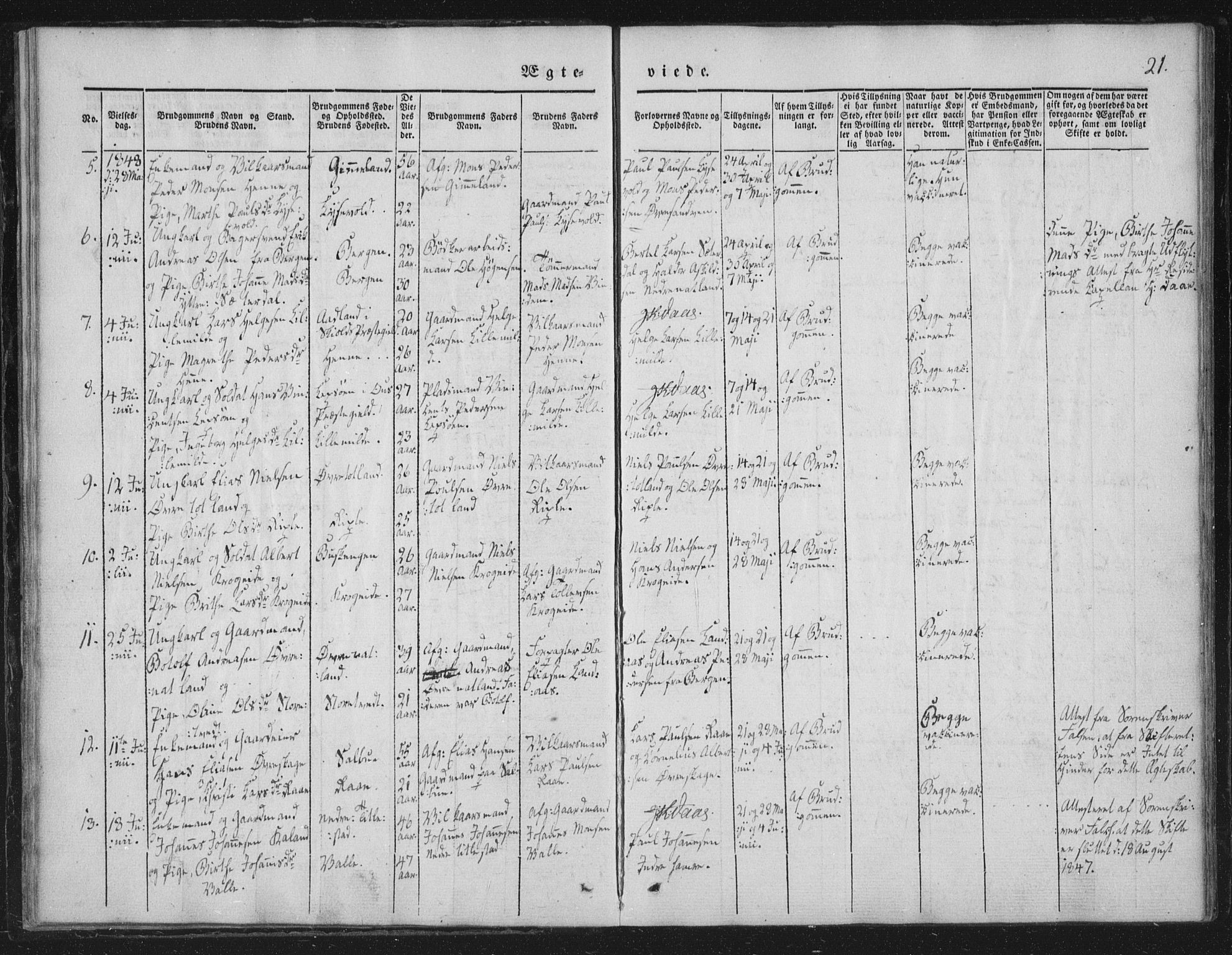 Fana Sokneprestembete, AV/SAB-A-75101/H/Haa/Haaa/L0010: Parish register (official) no. A 10, 1841-1851, p. 21