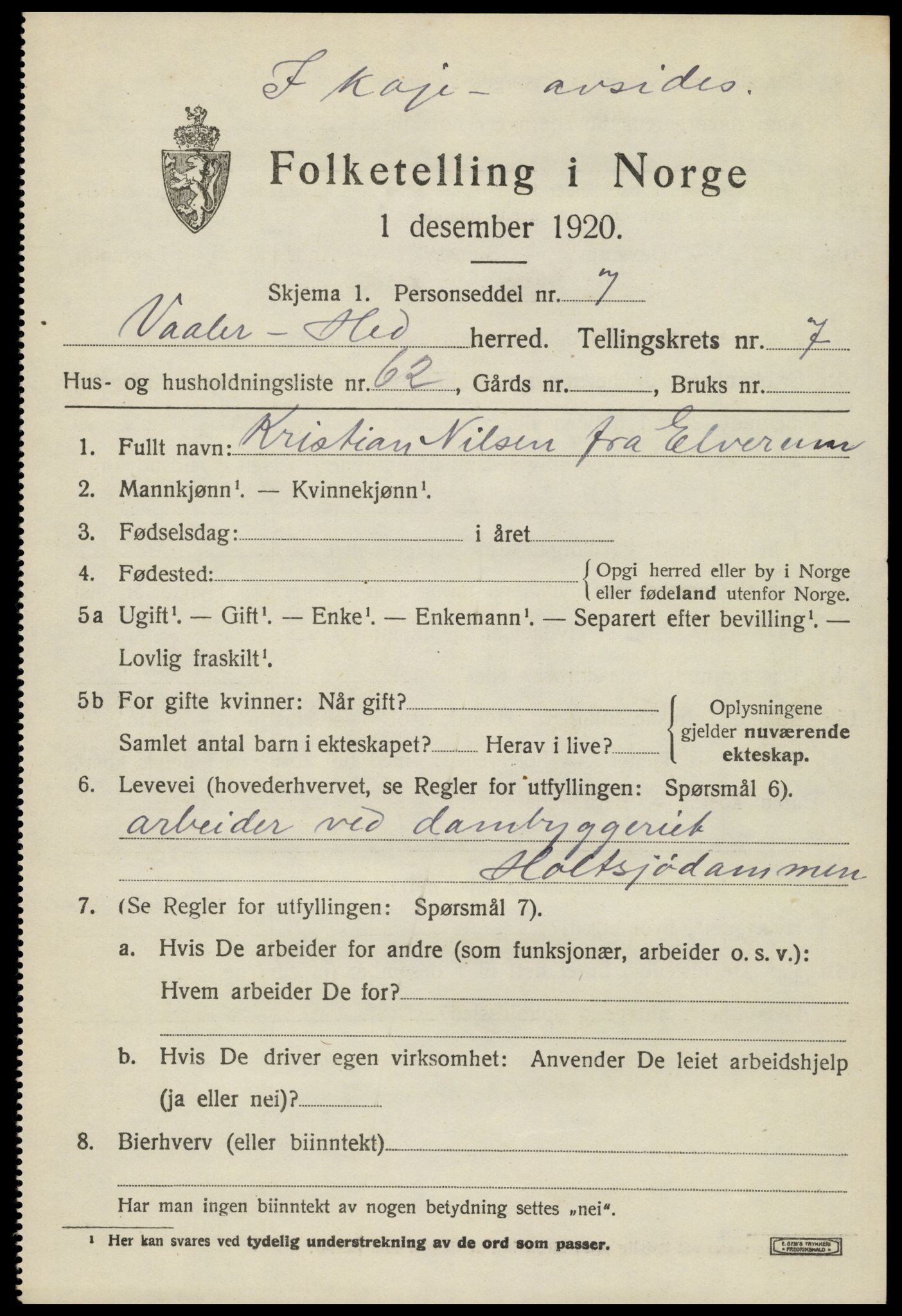 SAH, 1920 census for Våler (Hedmark), 1920, p. 8249