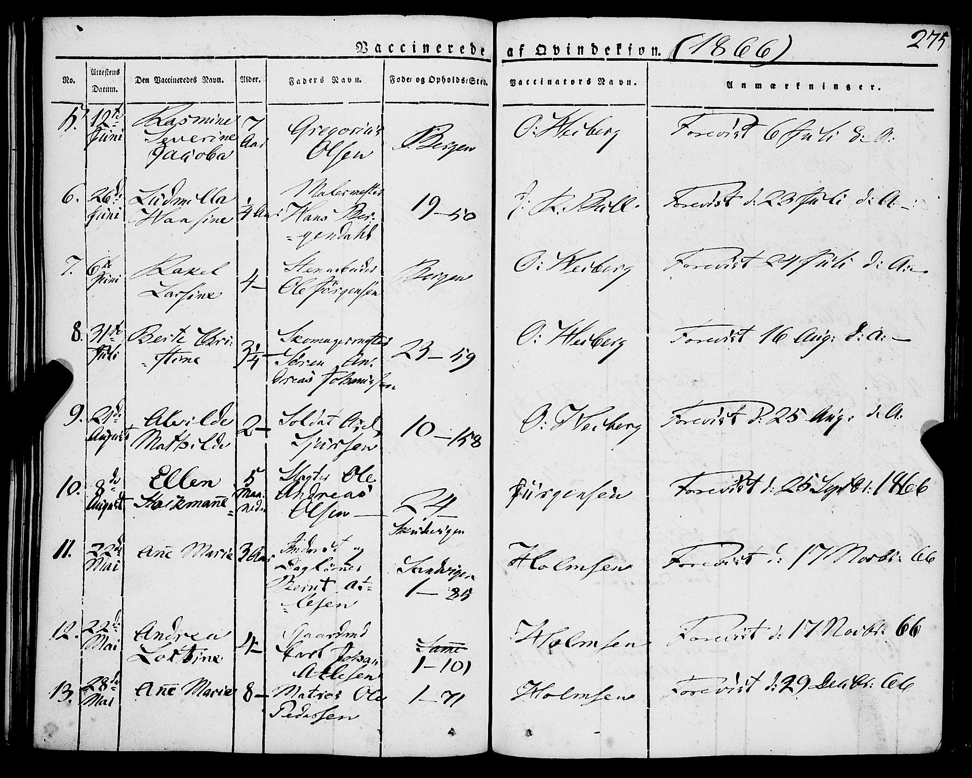 Korskirken sokneprestembete, SAB/A-76101/H/Haa/L0050: Parish register (official) no. F 1, 1821-1869, p. 275