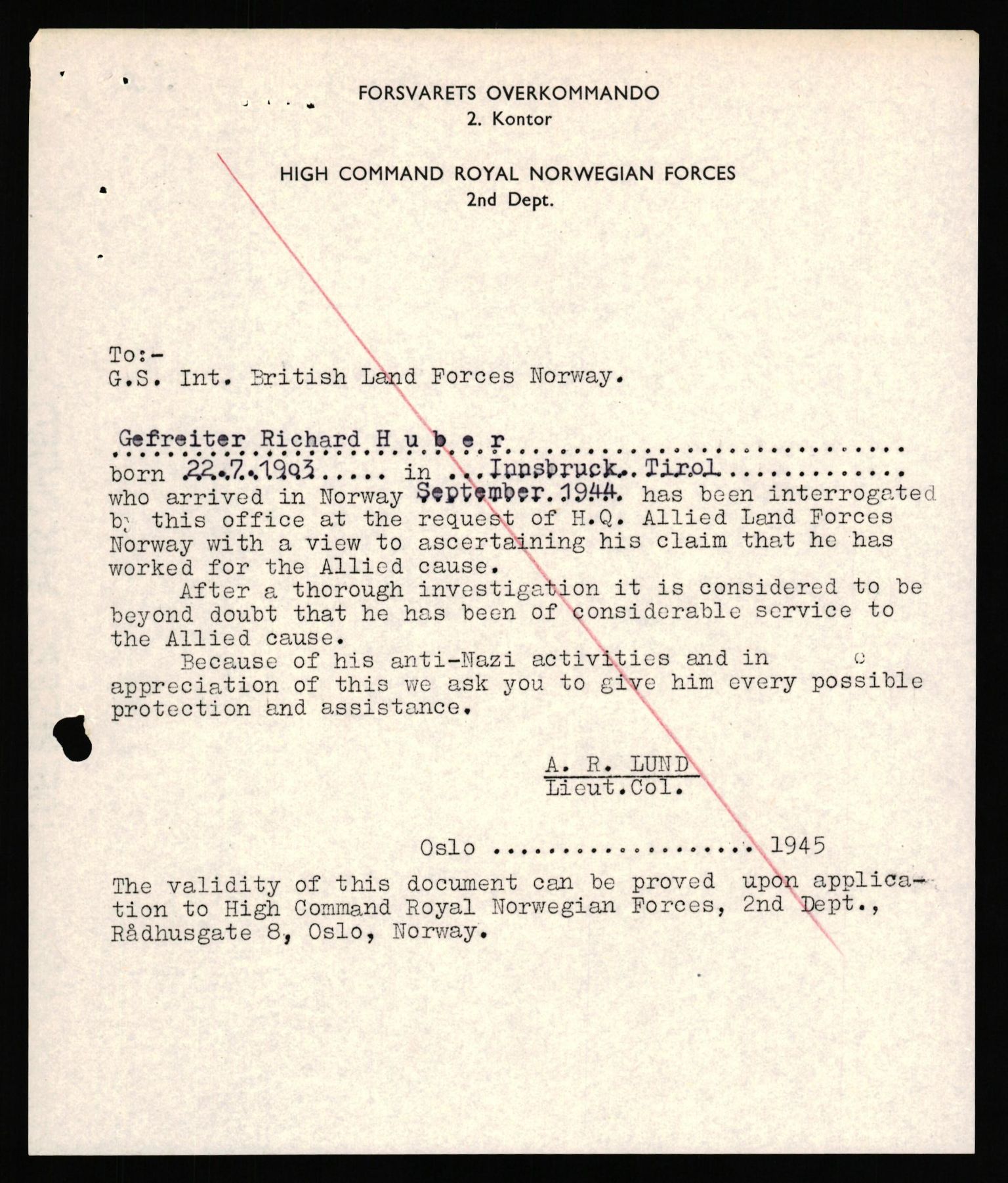 Forsvaret, Forsvarets overkommando II, AV/RA-RAFA-3915/D/Db/L0039: CI Questionaires. Tyske okkupasjonsstyrker i Norge. Østerrikere., 1945-1946, p. 81