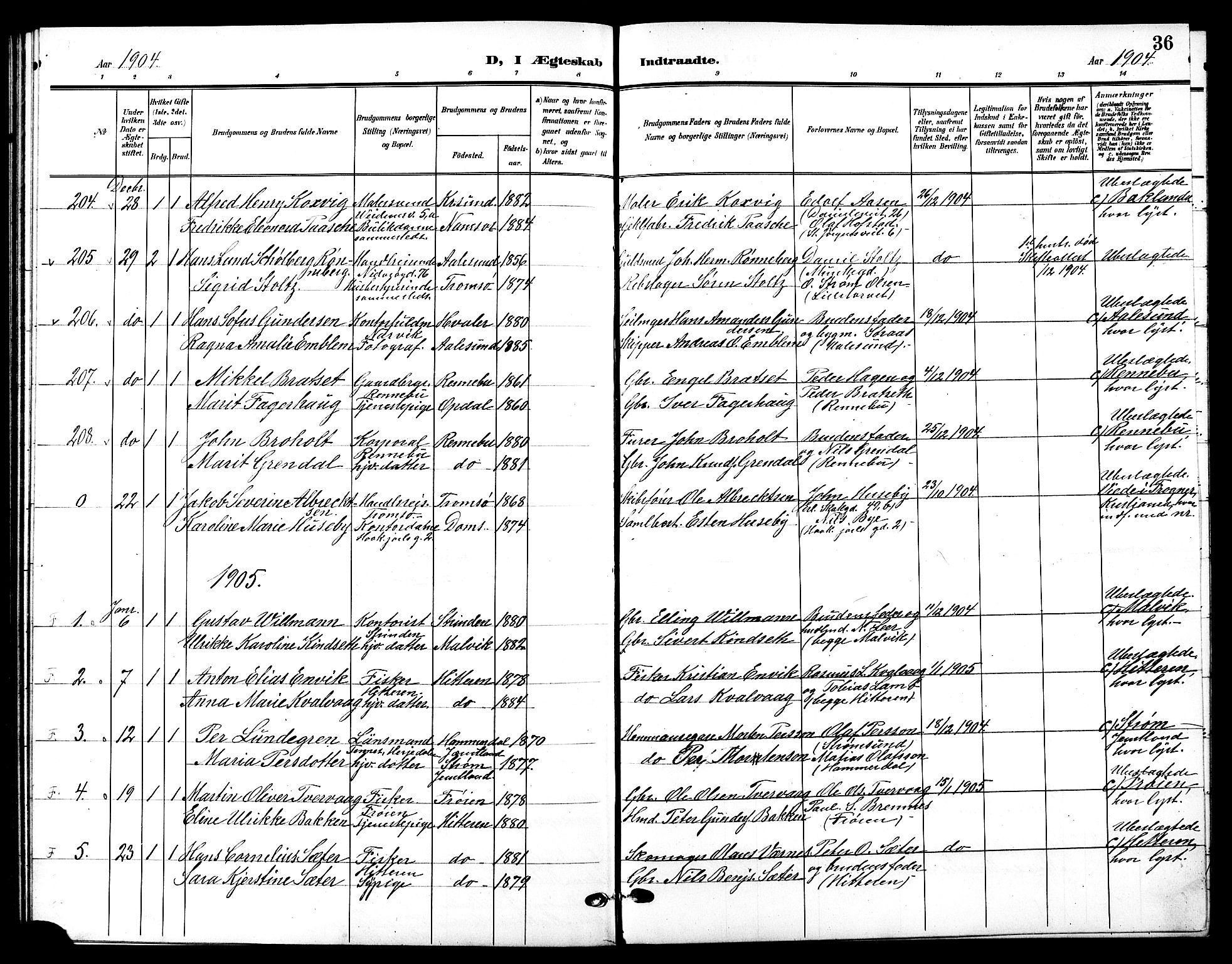 Ministerialprotokoller, klokkerbøker og fødselsregistre - Sør-Trøndelag, SAT/A-1456/601/L0095: Parish register (copy) no. 601C13, 1902-1911, p. 36