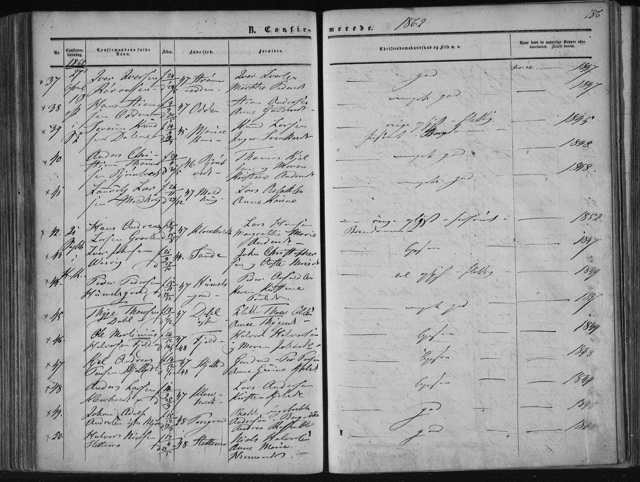 Solum kirkebøker, AV/SAKO-A-306/F/Fa/L0007: Parish register (official) no. I 7, 1856-1864, p. 186