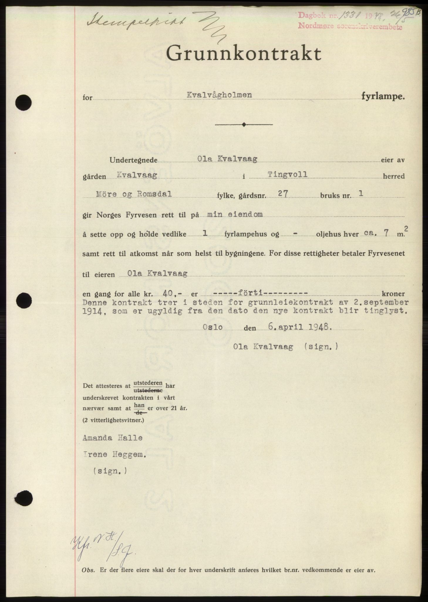 Nordmøre sorenskriveri, AV/SAT-A-4132/1/2/2Ca: Mortgage book no. B98, 1948-1948, Diary no: : 1331/1948