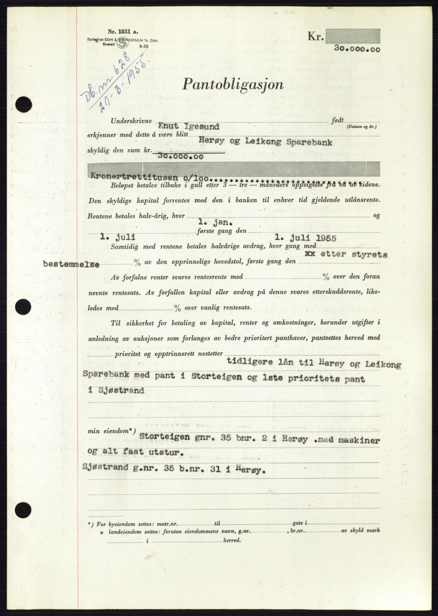 Søre Sunnmøre sorenskriveri, AV/SAT-A-4122/1/2/2C/L0126: Mortgage book no. 14B, 1954-1955, Diary no: : 628/1955