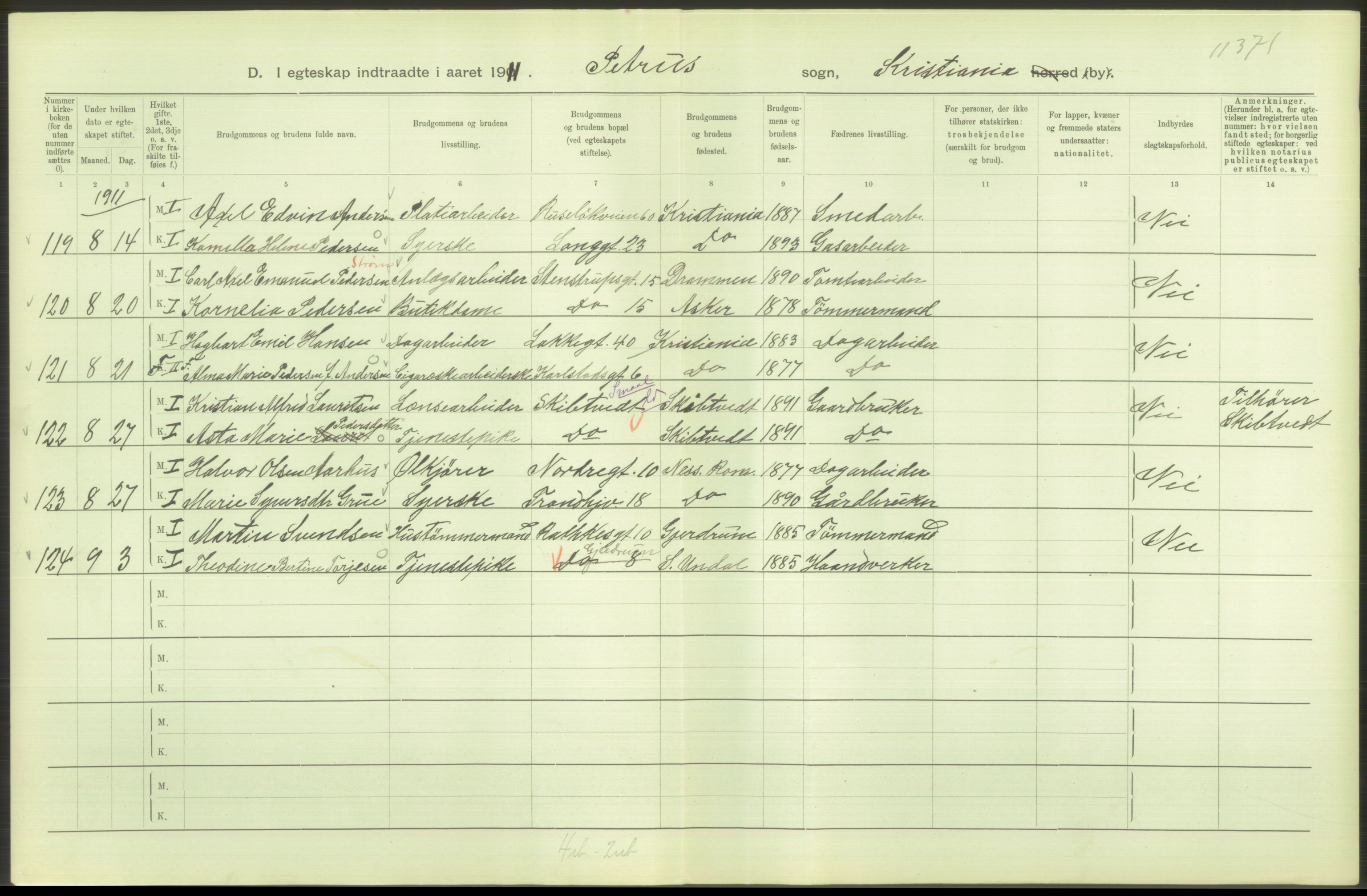 Statistisk sentralbyrå, Sosiodemografiske emner, Befolkning, AV/RA-S-2228/D/Df/Dfb/Dfba/L0008: Kristiania: Gifte, 1911, p. 28