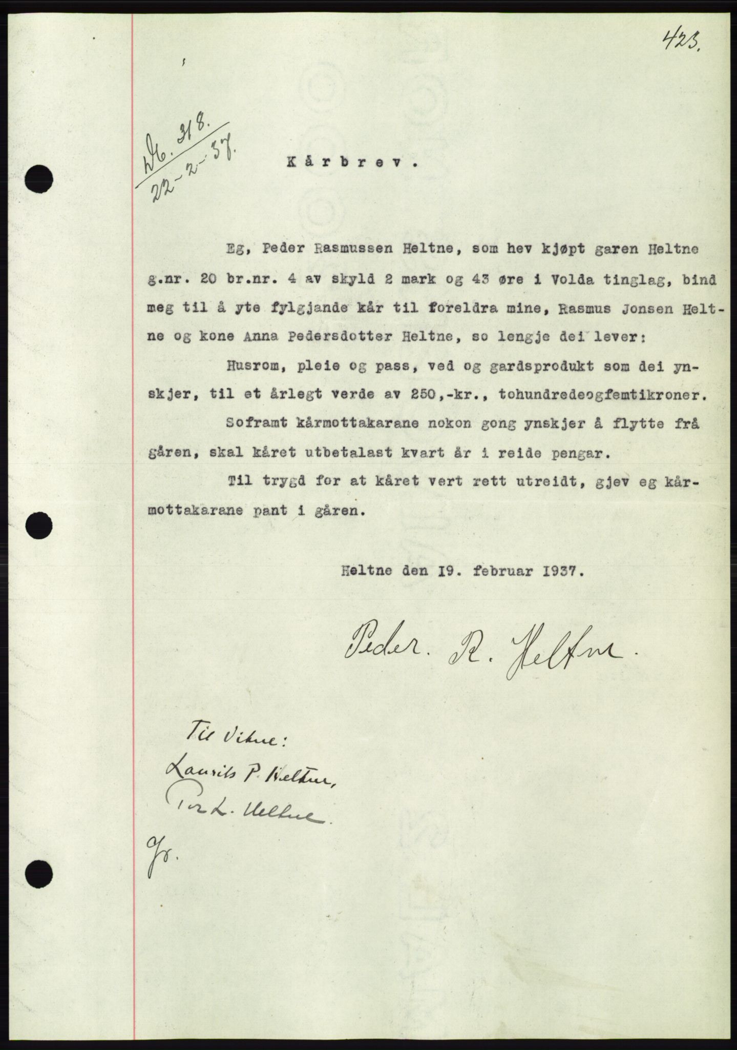 Søre Sunnmøre sorenskriveri, SAT/A-4122/1/2/2C/L0062: Mortgage book no. 56, 1936-1937, Diary no: : 318/1937