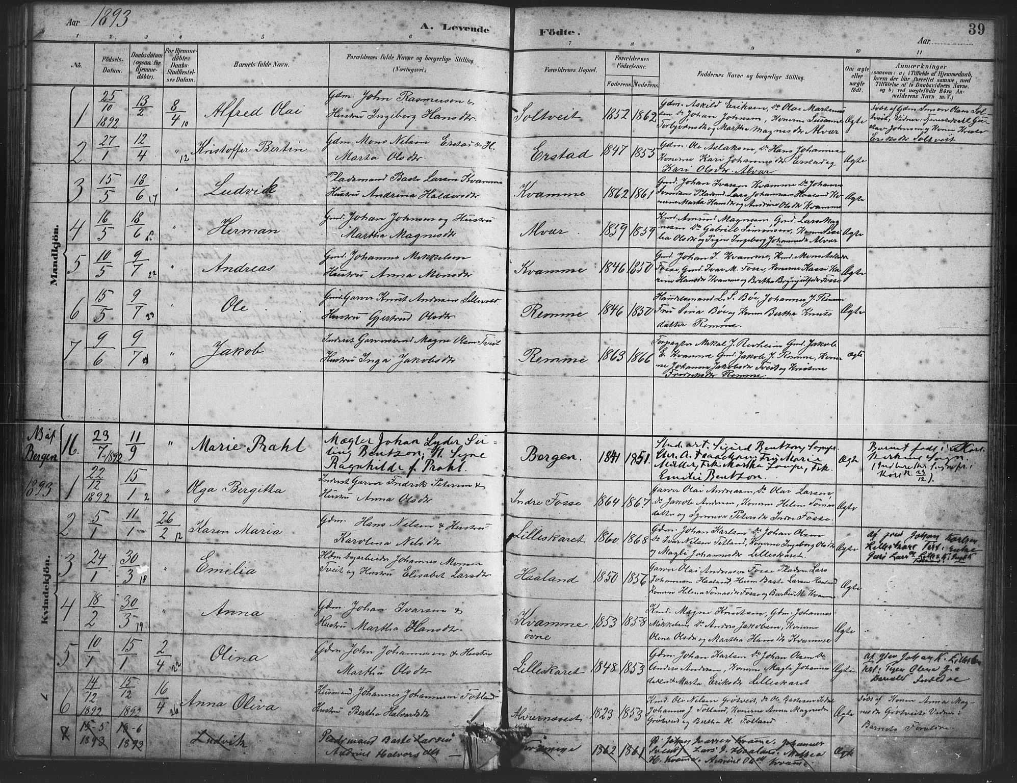 Alversund Sokneprestembete, AV/SAB-A-73901/H/Ha/Haa/Haaa/L0001: Parish register (official) no. A 1, 1882-1896, p. 39