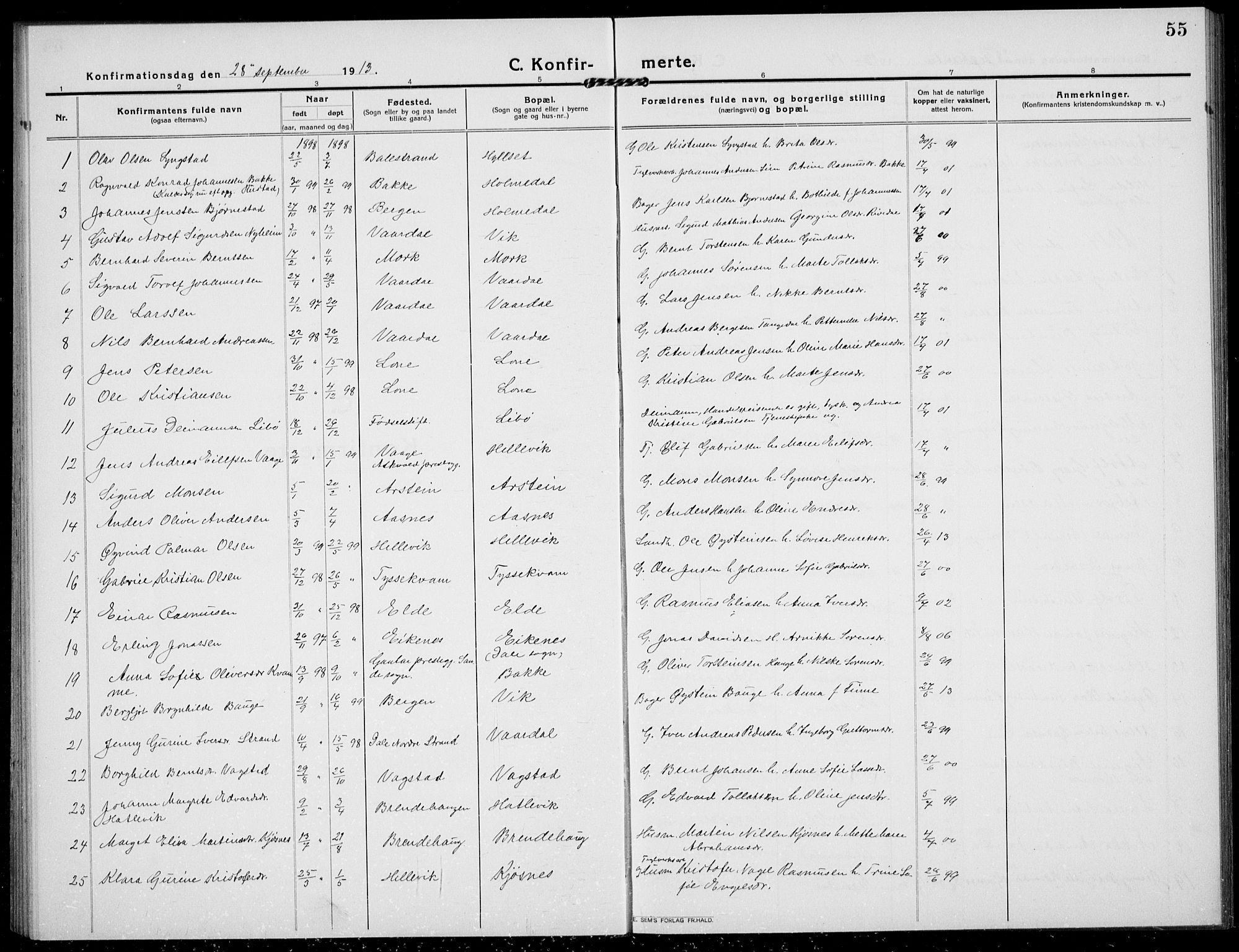 Fjaler sokneprestembete, SAB/A-79801/H/Hab/Habb/L0003: Parish register (copy) no. B 3, 1913-1940, p. 55