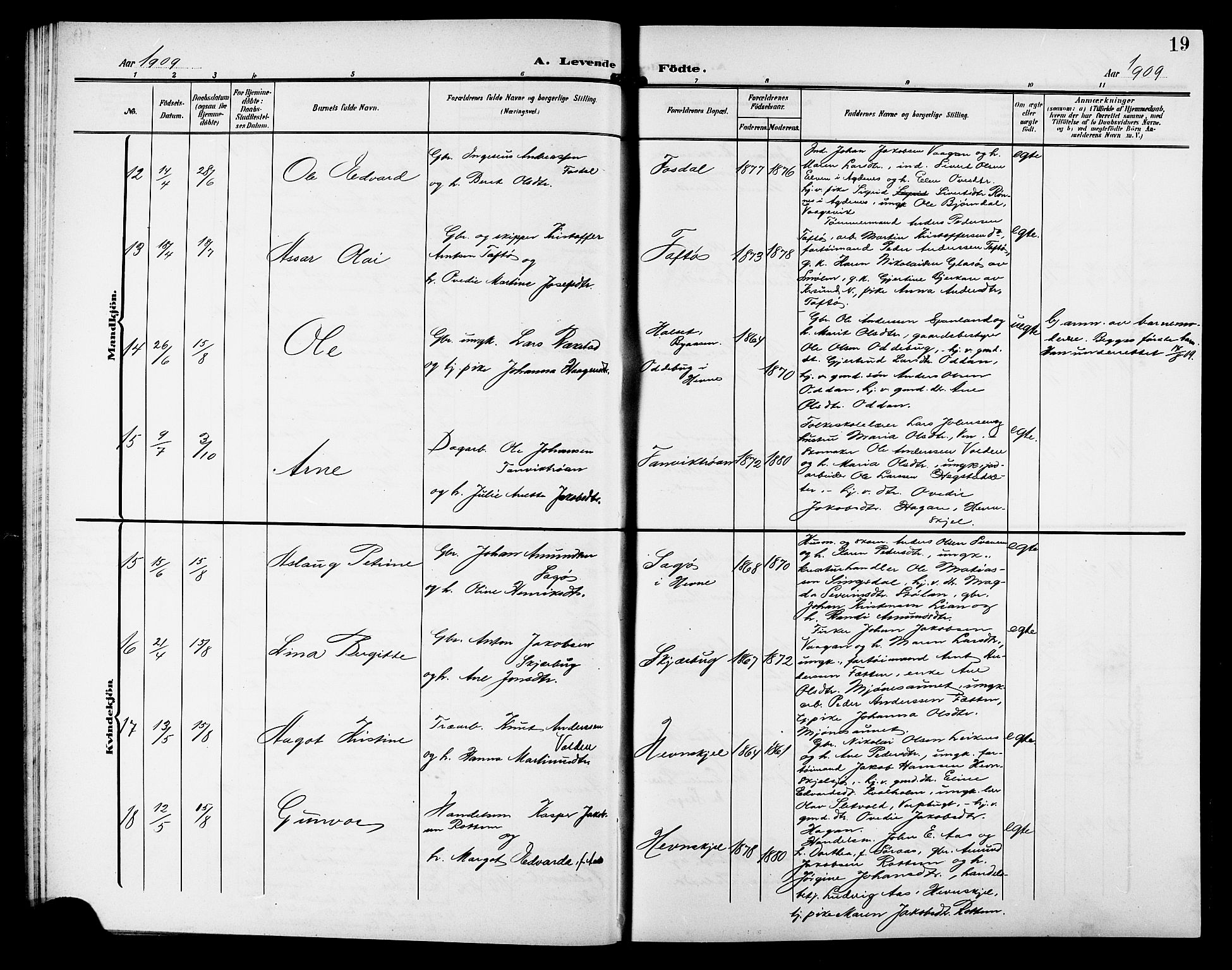 Ministerialprotokoller, klokkerbøker og fødselsregistre - Sør-Trøndelag, AV/SAT-A-1456/633/L0520: Parish register (copy) no. 633C02, 1906-1921, p. 19