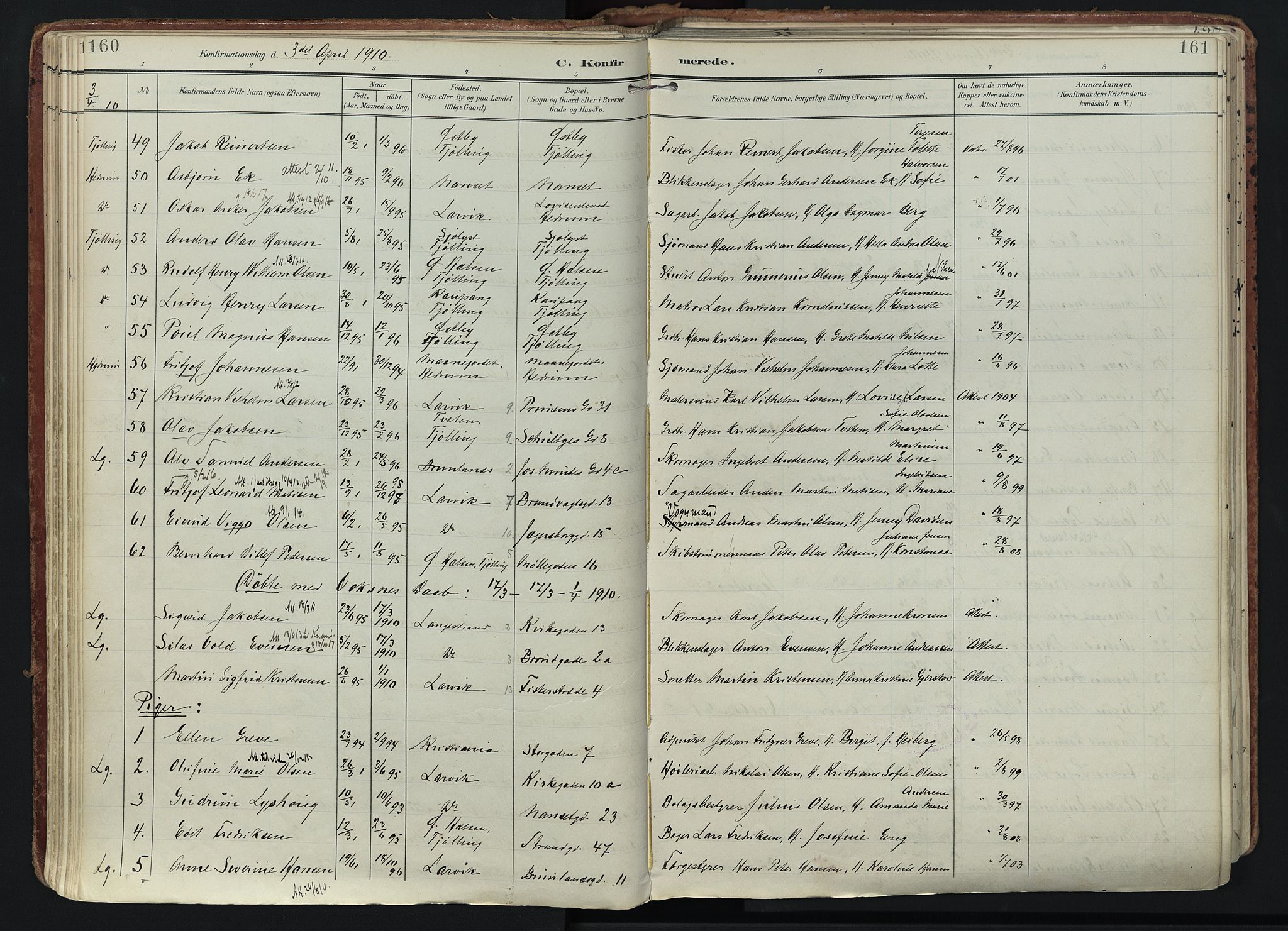 Larvik kirkebøker, AV/SAKO-A-352/F/Fa/L0011: Parish register (official) no. I 11, 1902-1922, p. 160-161