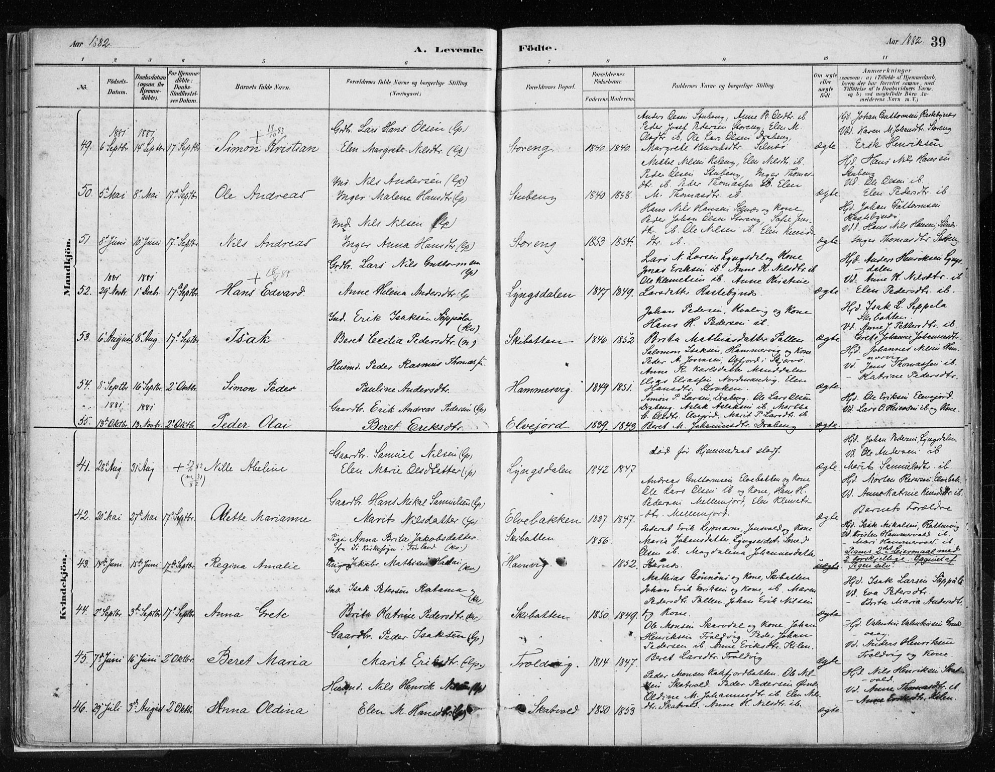 Lyngen sokneprestembete, AV/SATØ-S-1289/H/He/Hea/L0007kirke: Parish register (official) no. 7, 1879-1890, p. 39