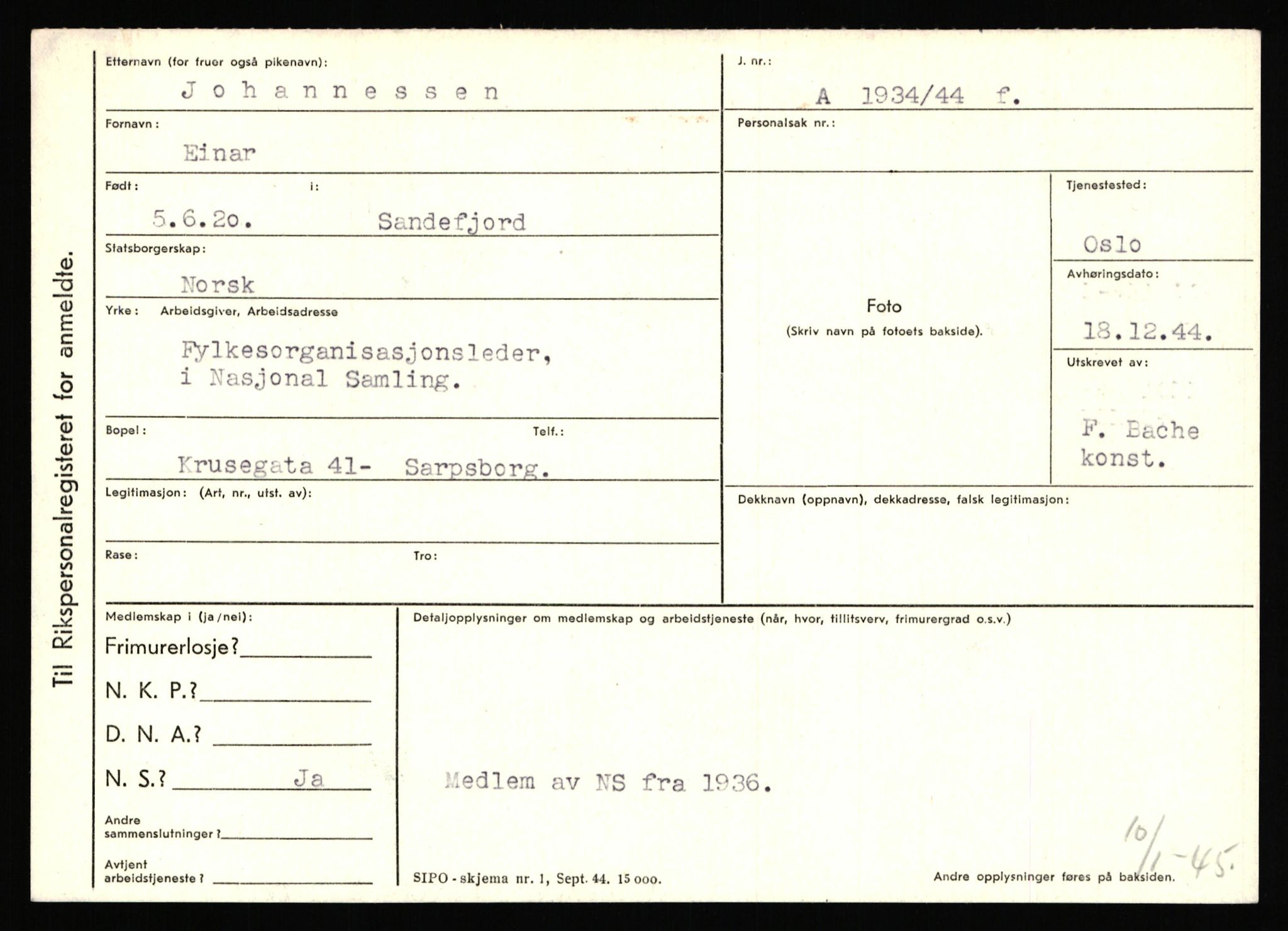 Statspolitiet - Hovedkontoret / Osloavdelingen, AV/RA-S-1329/C/Ca/L0008: Johan(nes)sen - Knoph, 1943-1945, p. 2