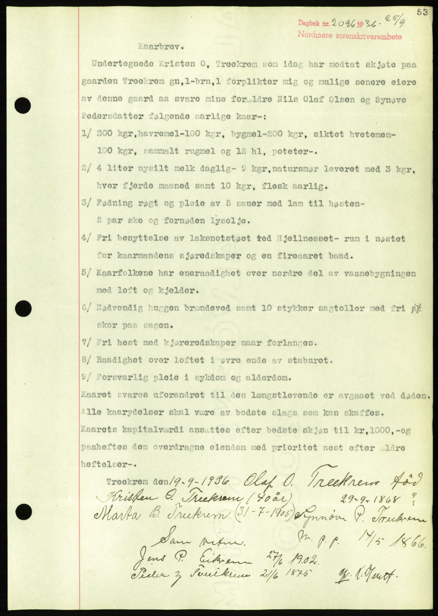 Nordmøre sorenskriveri, AV/SAT-A-4132/1/2/2Ca/L0090: Mortgage book no. B80, 1936-1937, Diary no: : 2096/1936