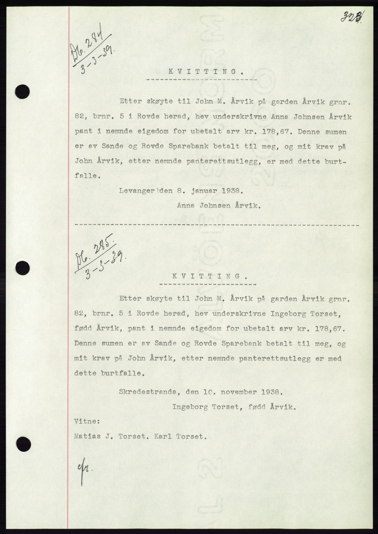 Søre Sunnmøre sorenskriveri, AV/SAT-A-4122/1/2/2C/L0067: Mortgage book no. 61, 1938-1939, Diary no: : 284/1939