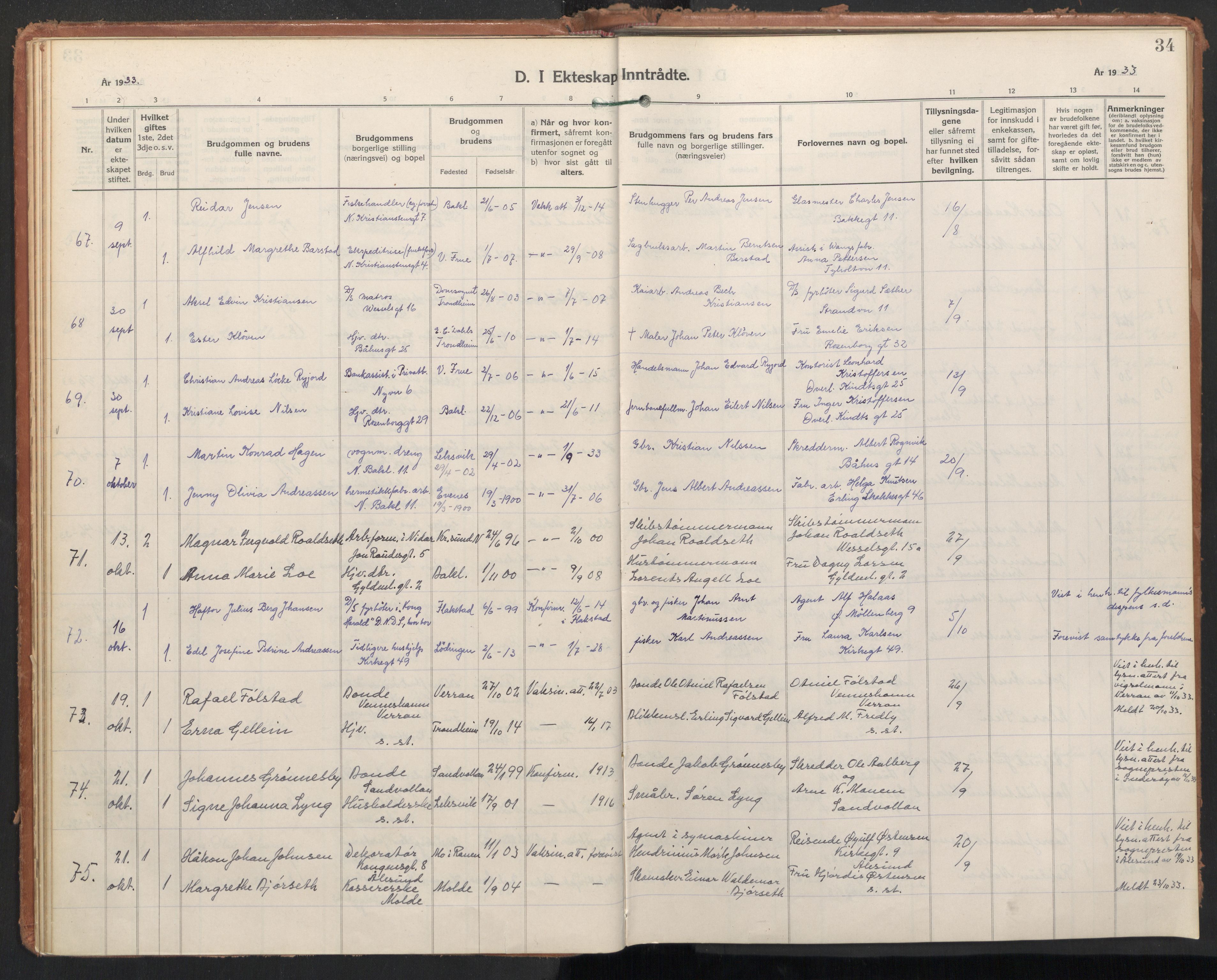 Ministerialprotokoller, klokkerbøker og fødselsregistre - Sør-Trøndelag, AV/SAT-A-1456/604/L0209: Parish register (official) no. 604A29, 1931-1945, p. 34