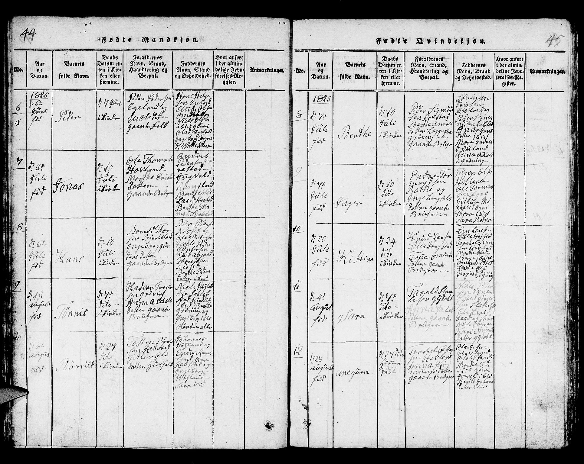 Helleland sokneprestkontor, SAST/A-101810: Parish register (copy) no. B 1, 1815-1841, p. 44-45