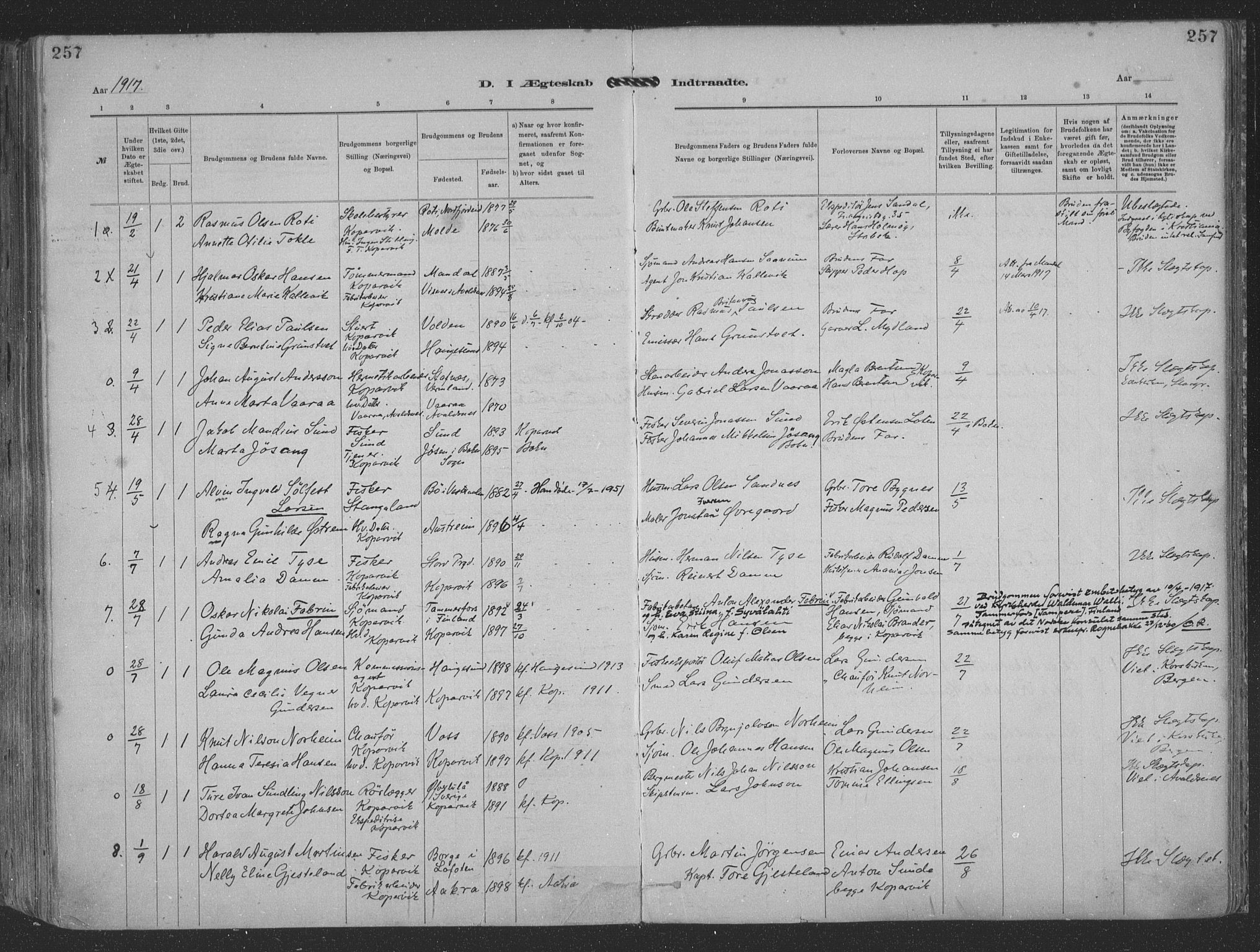 Kopervik sokneprestkontor, SAST/A-101850/H/Ha/Haa/L0001: Parish register (official) no. A 1, 1880-1919, p. 257
