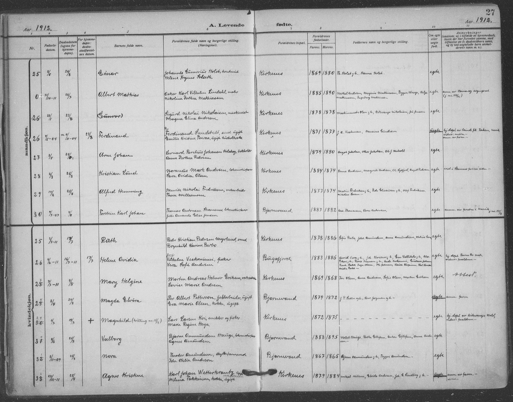 Sør-Varanger sokneprestkontor, AV/SATØ-S-1331/H/Ha/L0005kirke: Parish register (official) no. 5, 1909-1919, p. 27