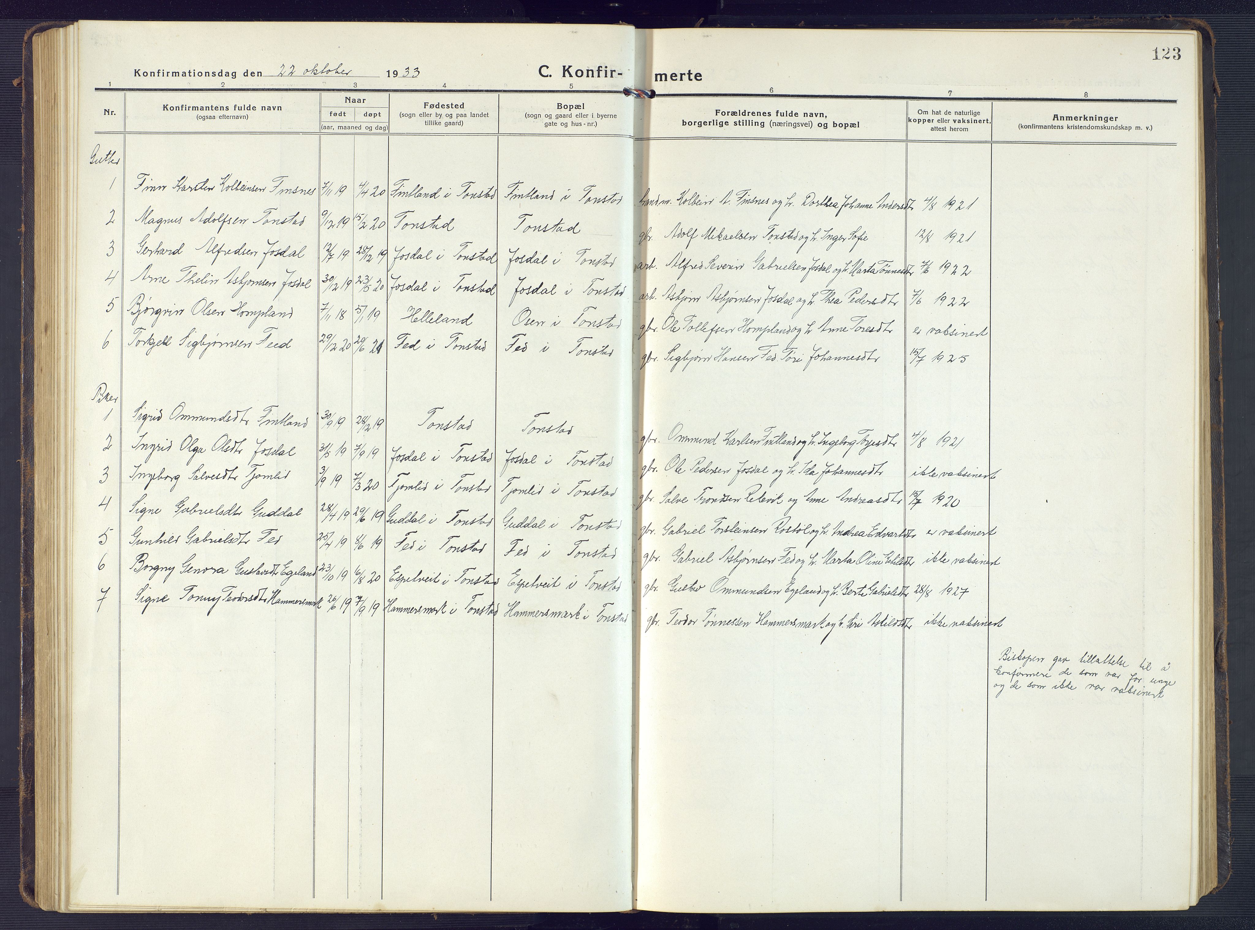 Sirdal sokneprestkontor, SAK/1111-0036/F/Fb/Fbb/L0005: Parish register (copy) no. B 5, 1916-1960, p. 123