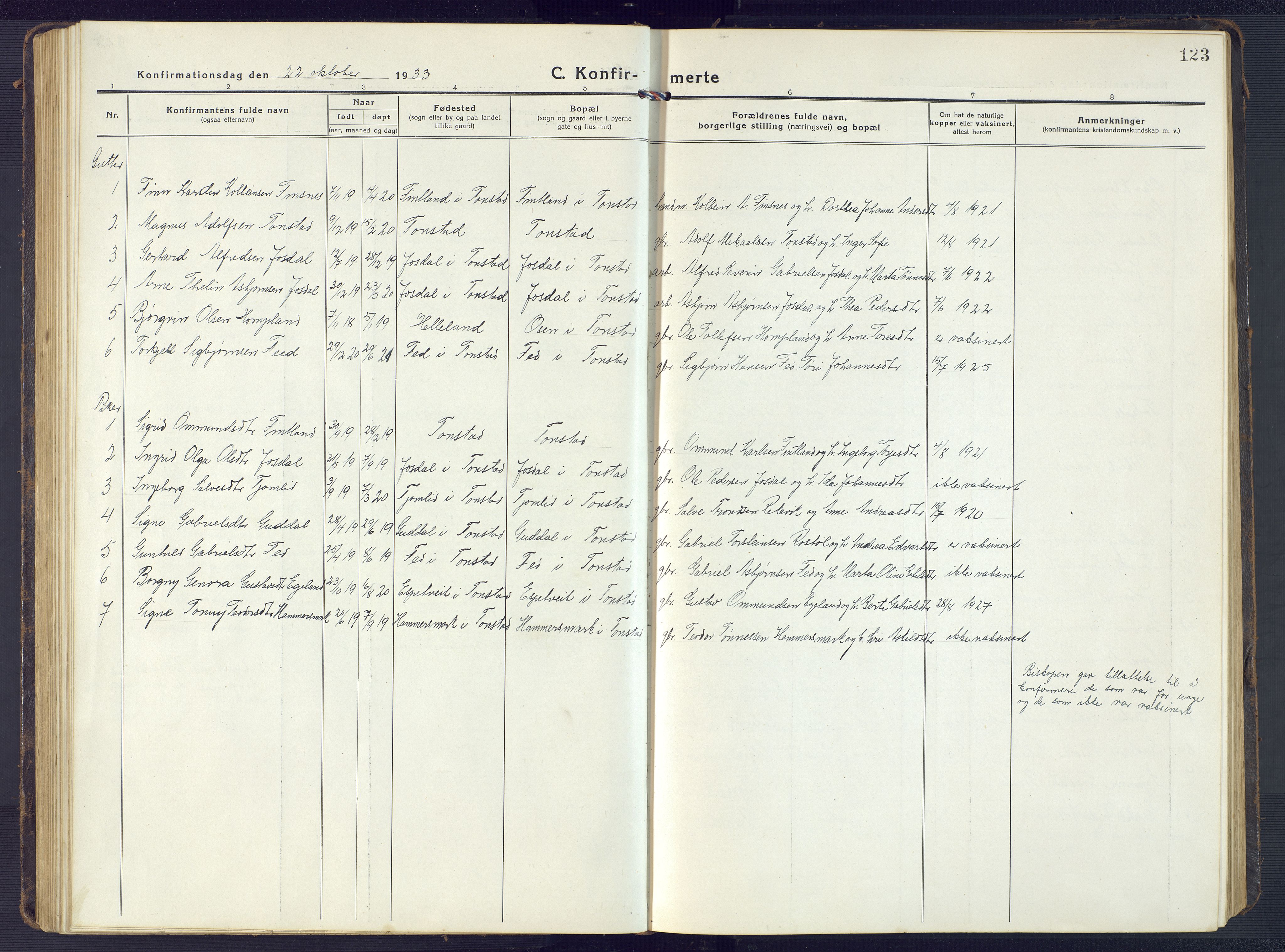 Sirdal sokneprestkontor, AV/SAK-1111-0036/F/Fb/Fbb/L0005: Parish register (copy) no. B 5, 1916-1960, p. 123