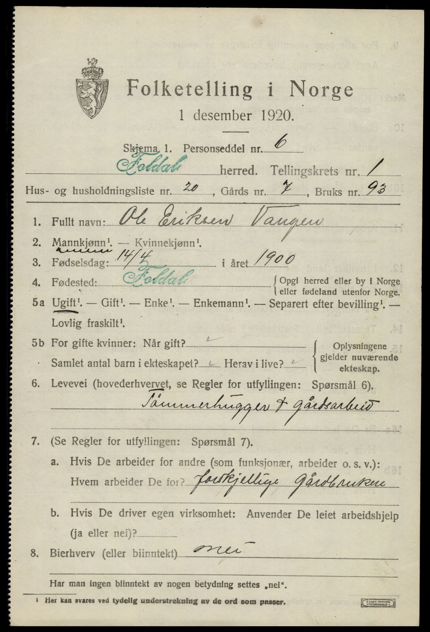 SAH, 1920 census for Folldal, 1920, p. 1035